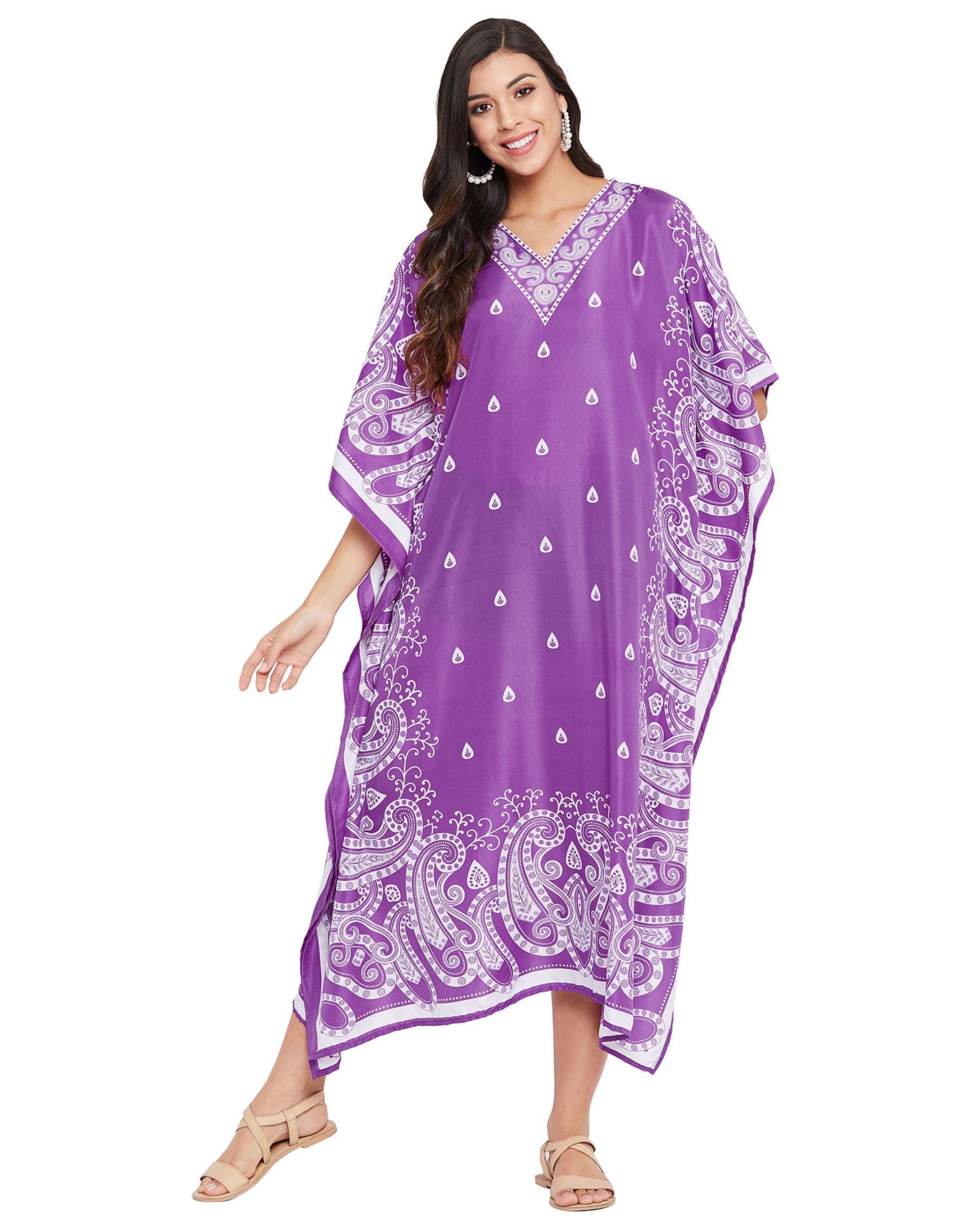 Paisley Printed Purple Polyester Plus Size Caftan Dress For Women