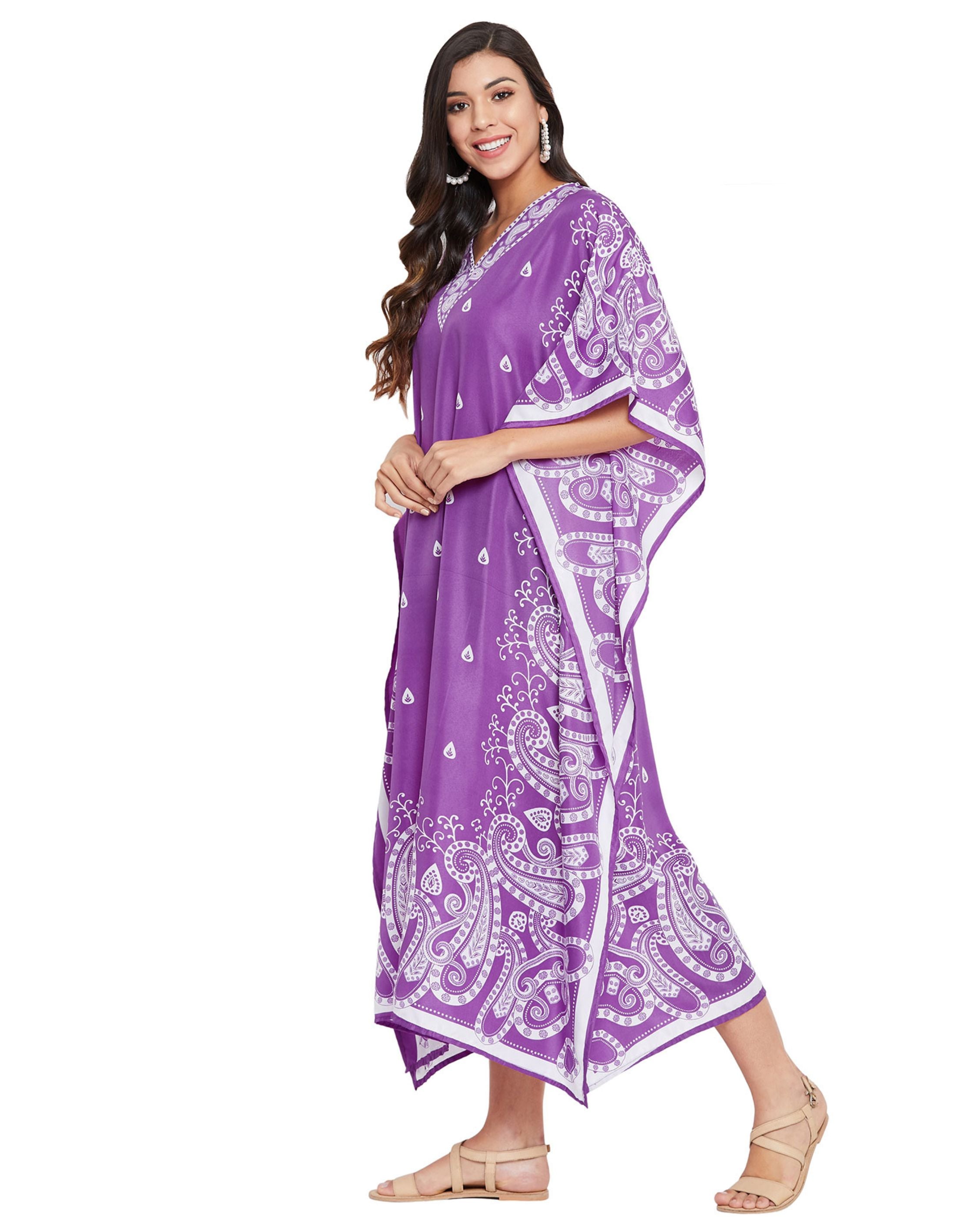 Paisley Printed Purple Polyester Plus Size Caftan Dress For Women
