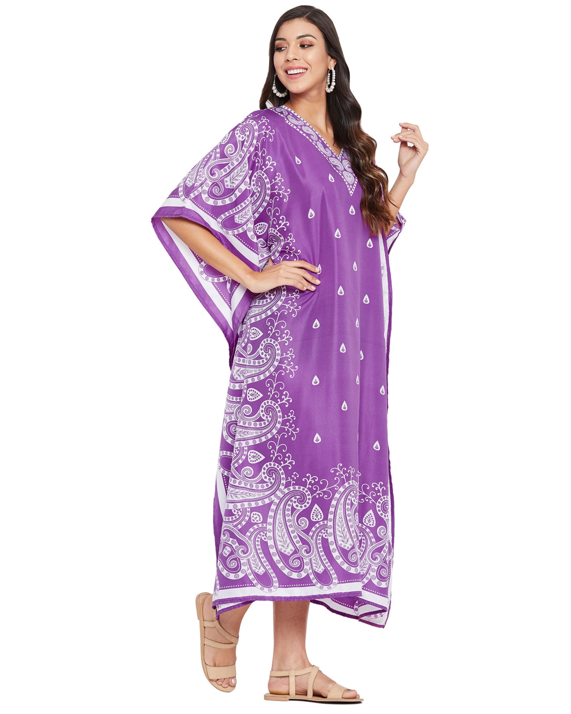 Paisley Printed Purple Polyester Plus Size Caftan Dress For Women