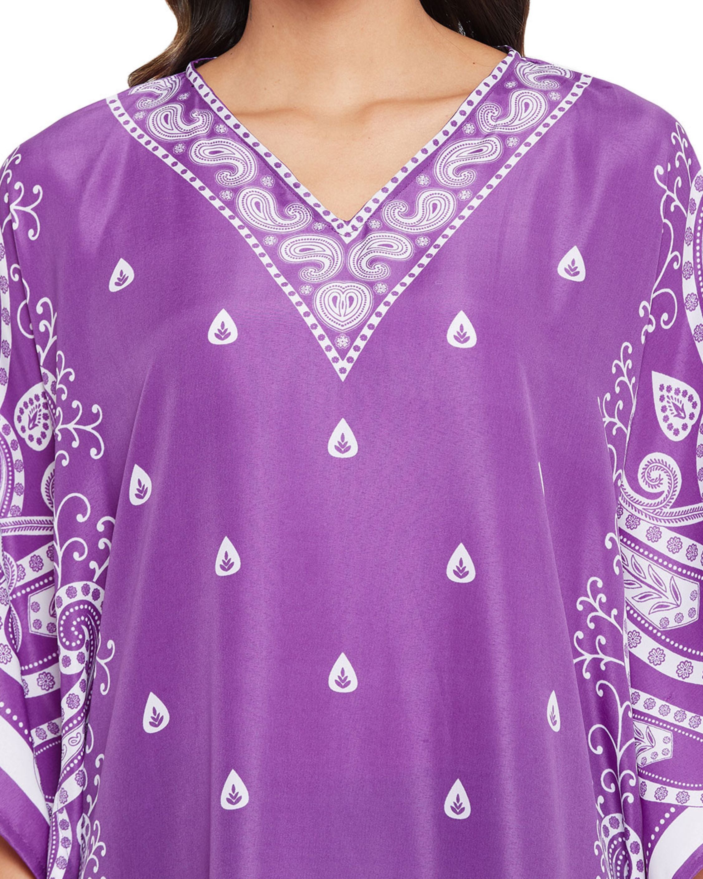 Paisley Printed Purple Polyester Plus Size Caftan Dress For Women