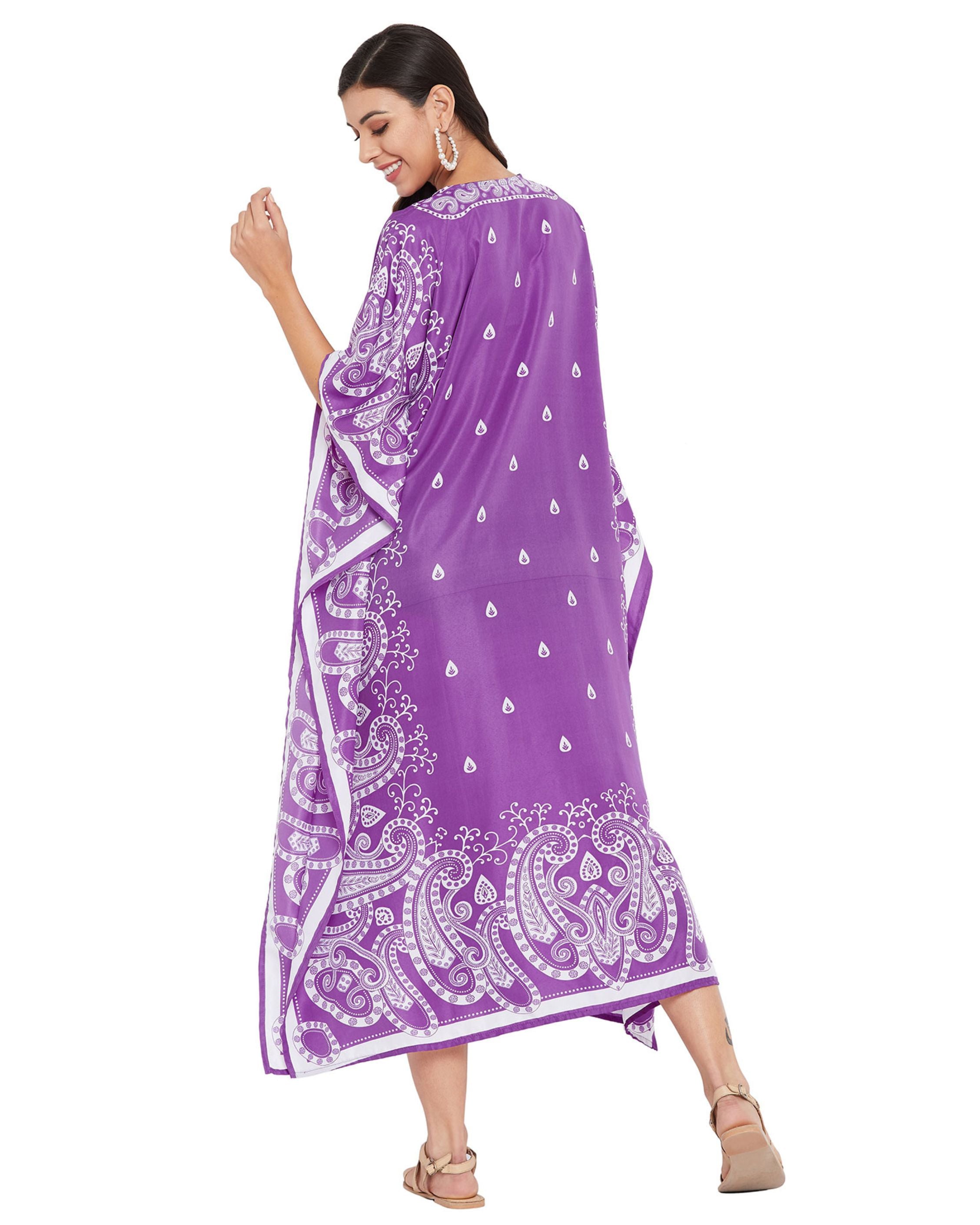Paisley Printed Purple Polyester Plus Size Caftan Dress For Women