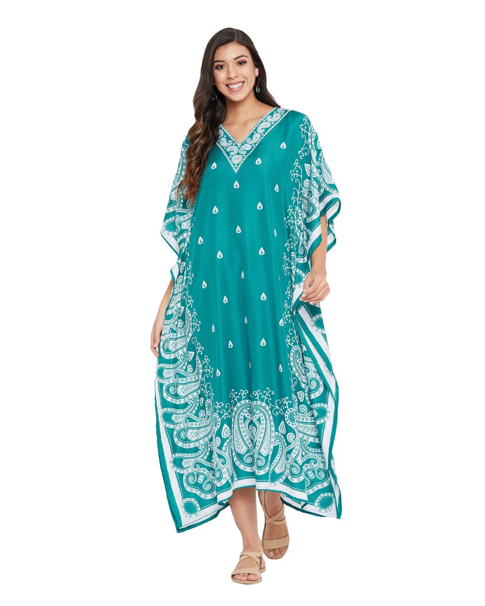 Paisley Turquoise Polyester Plus Size Kaftan Dress for Beach