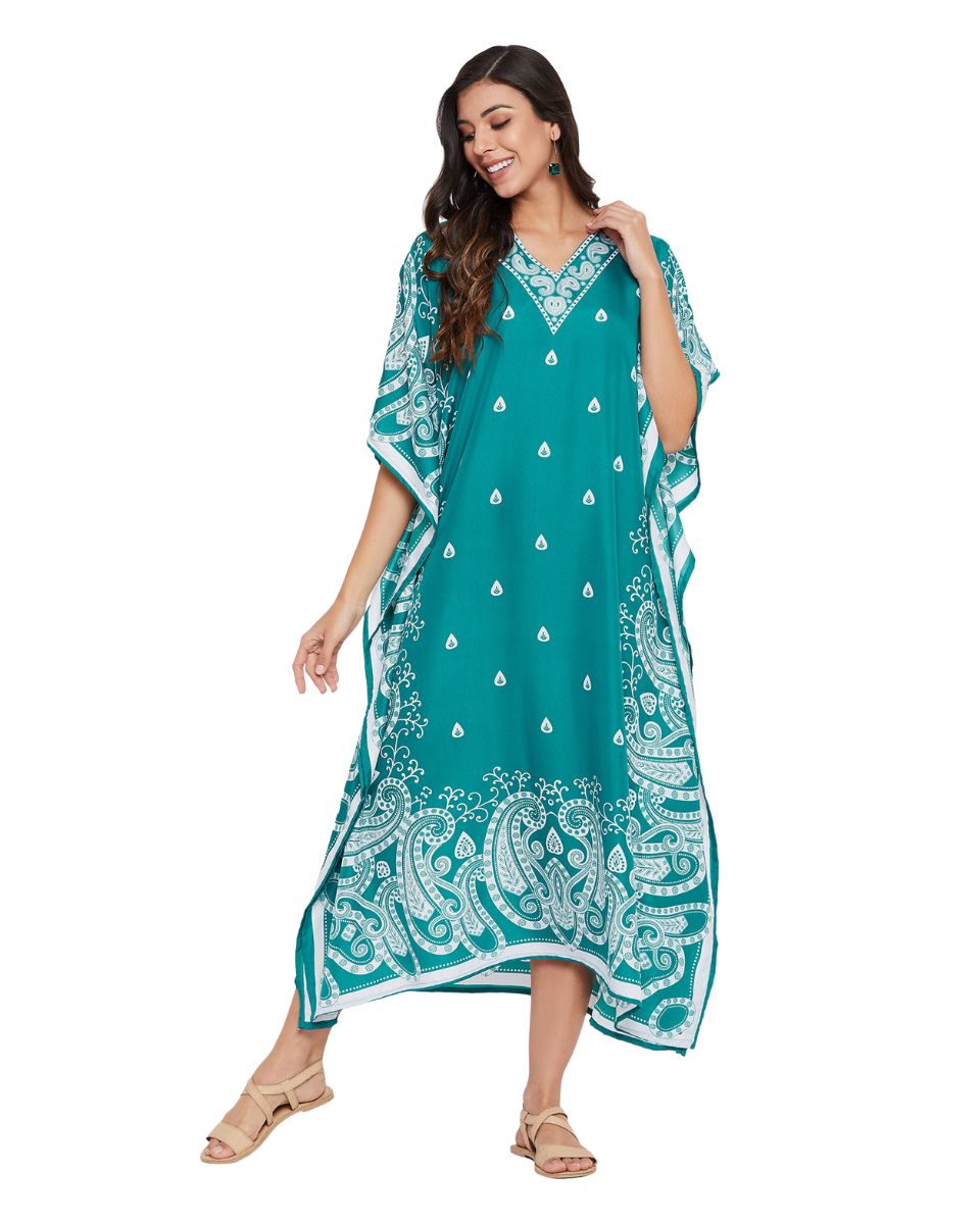 Paisley Turquoise Polyester Plus Size Kaftan Dress for Beach