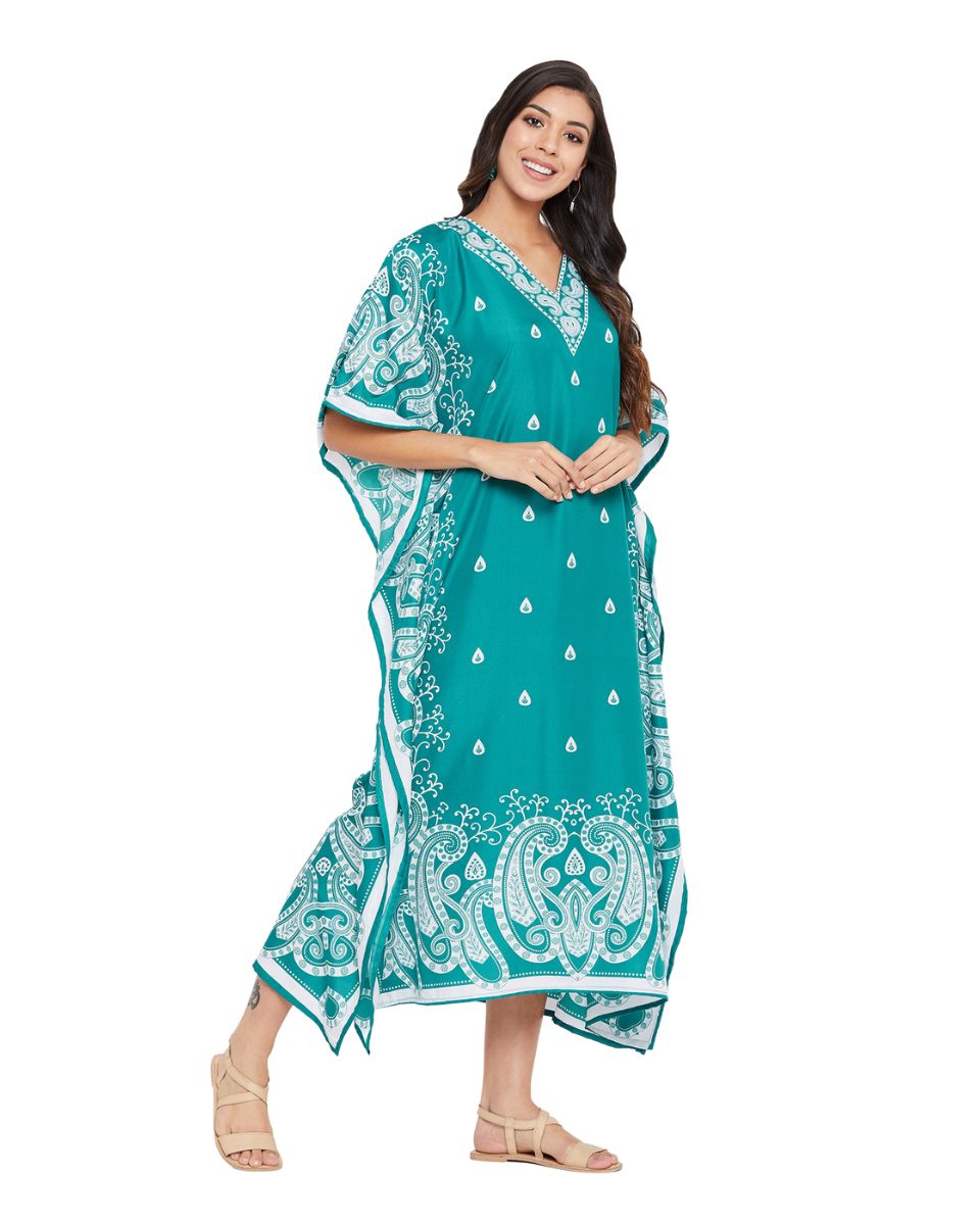 Paisley Turquoise Polyester Plus Size Kaftan Dress for Beach