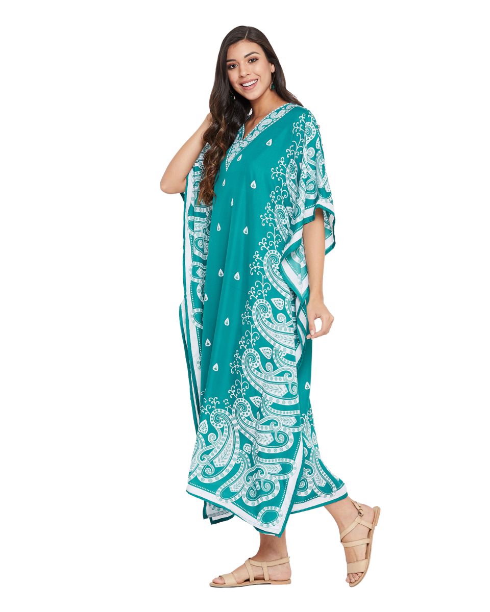 Paisley Turquoise Polyester Plus Size Kaftan Dress for Beach