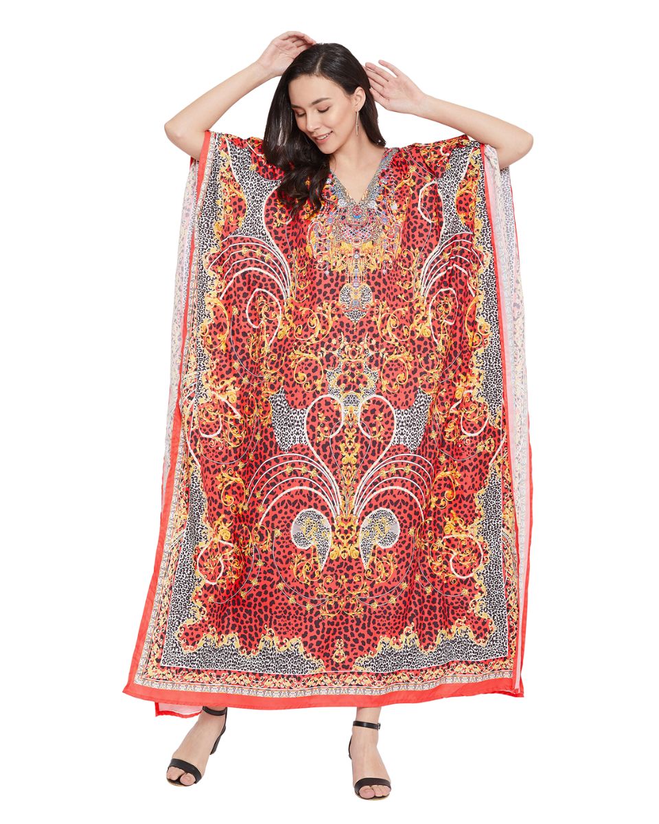 Red Plus Size Polyester Gown Caftan Dress For Women