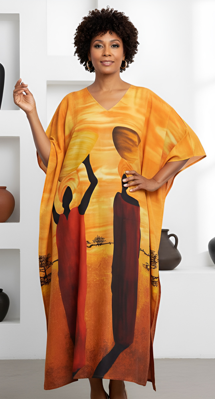 Tribal Yellow Polyester Kaftan For Plus Size Women