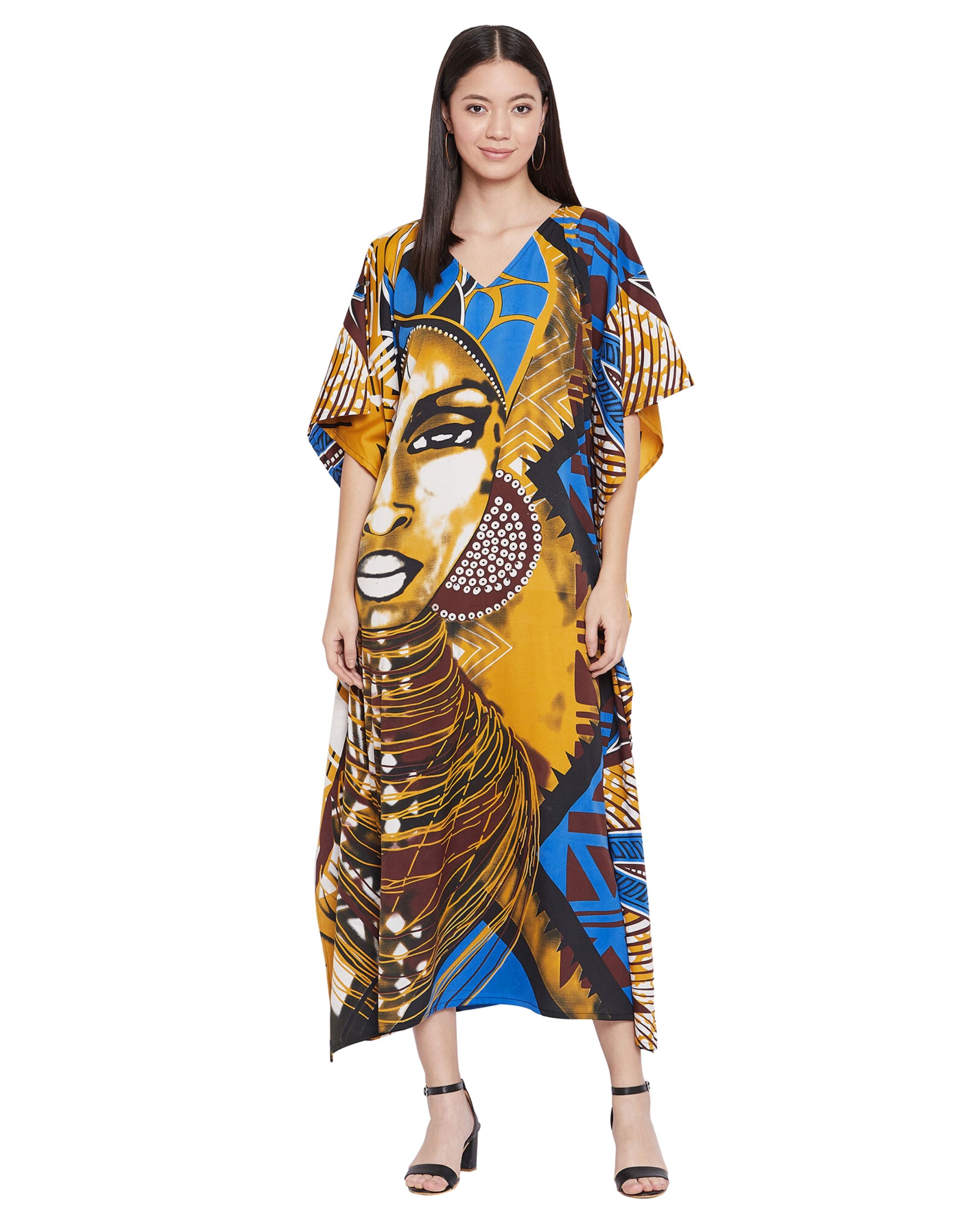 Tribal Printed Multicolor Polyester Women Plus Size Caftan