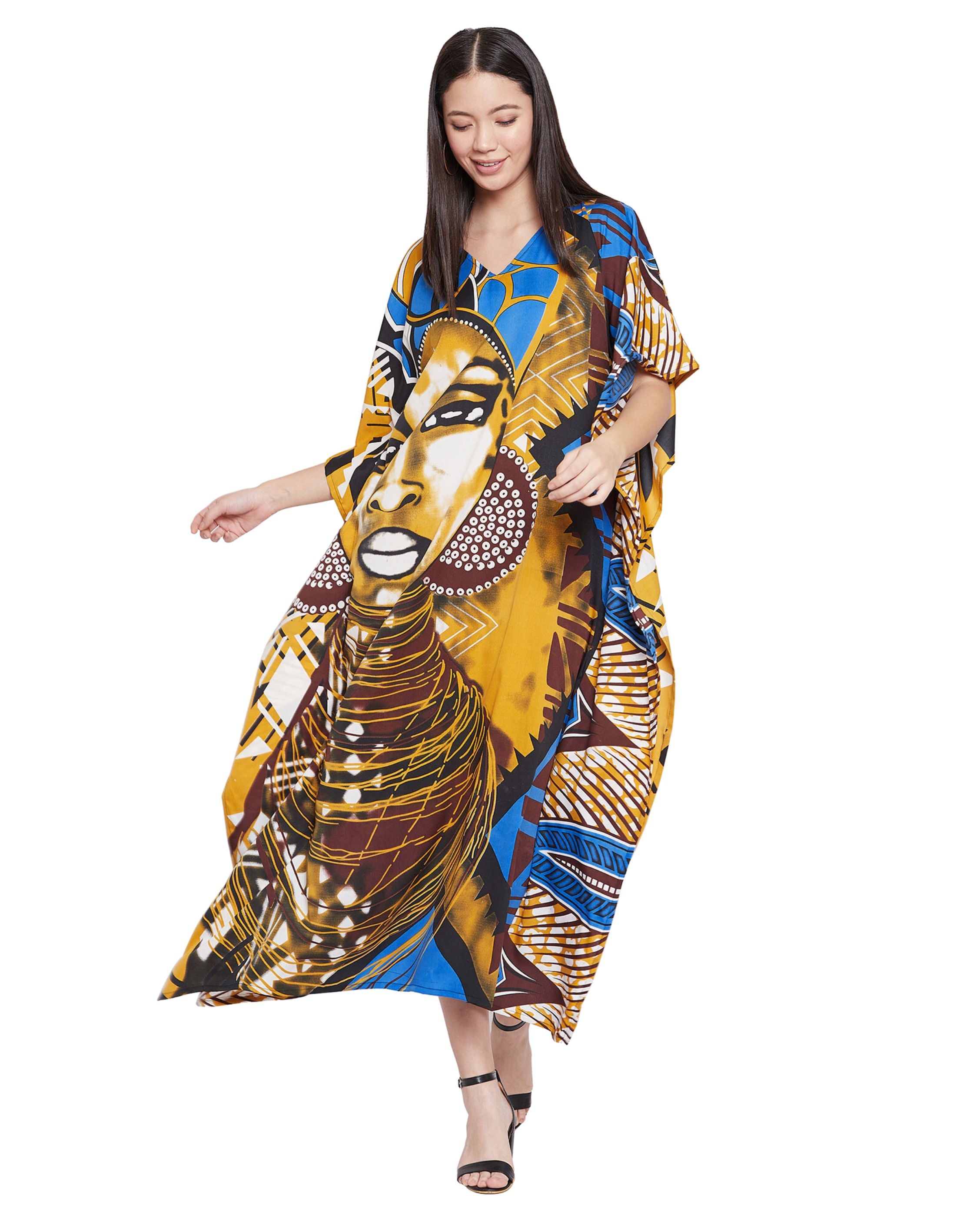 Tribal Printed Multicolor Polyester Women Plus Size Caftan