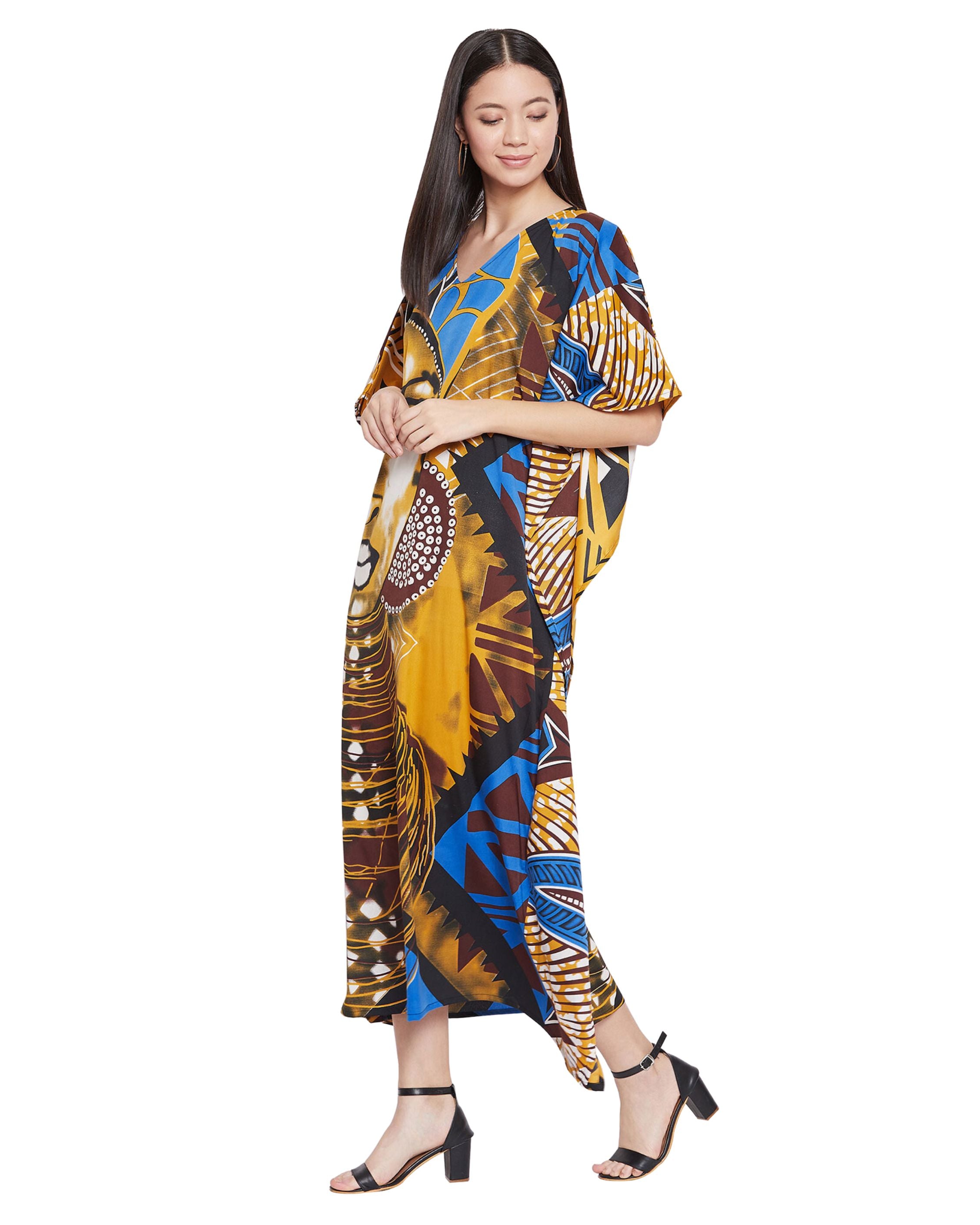 Tribal Printed Multicolor Polyester Women Plus Size Caftan