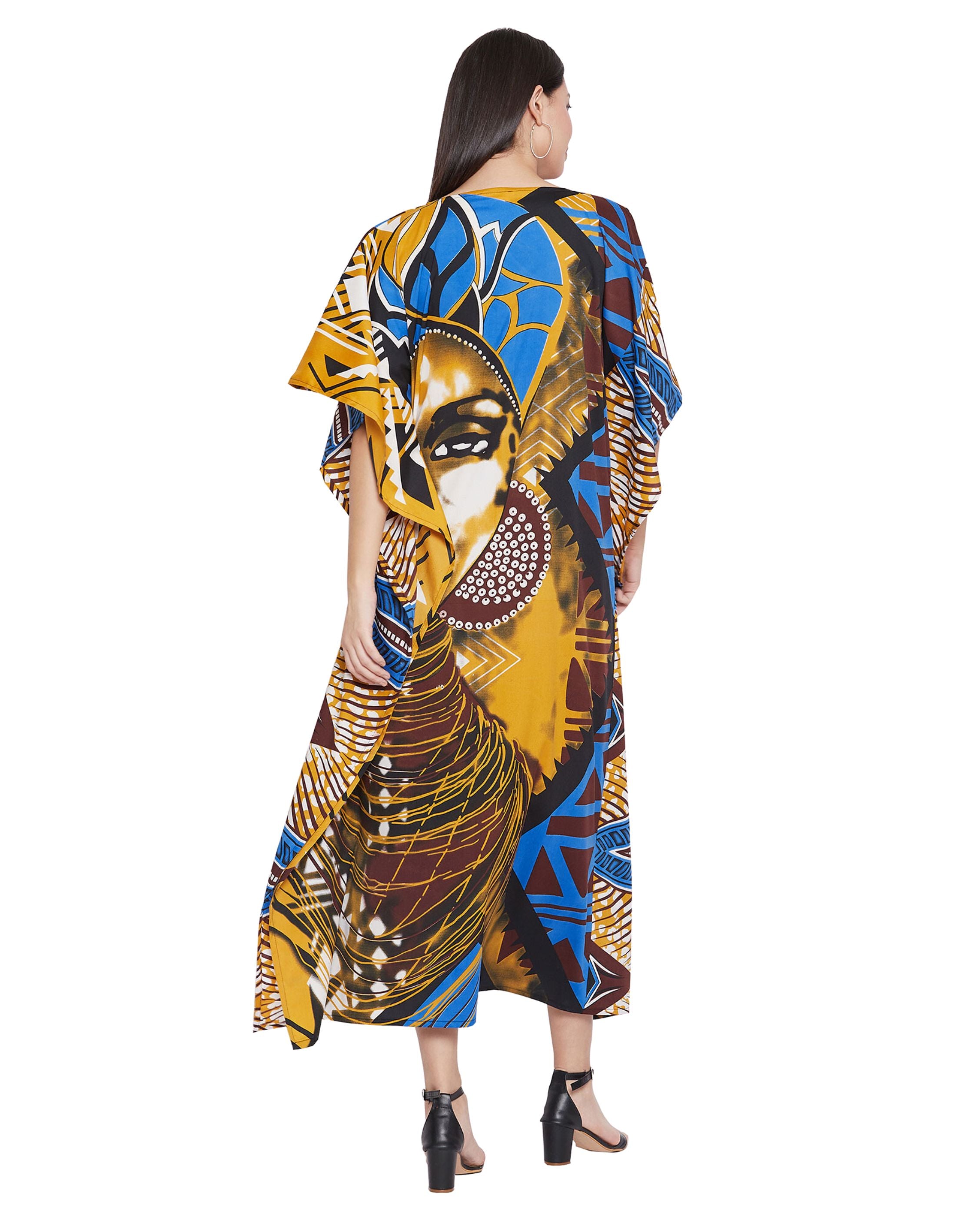 Tribal Printed Multicolor Polyester Women Plus Size Caftan