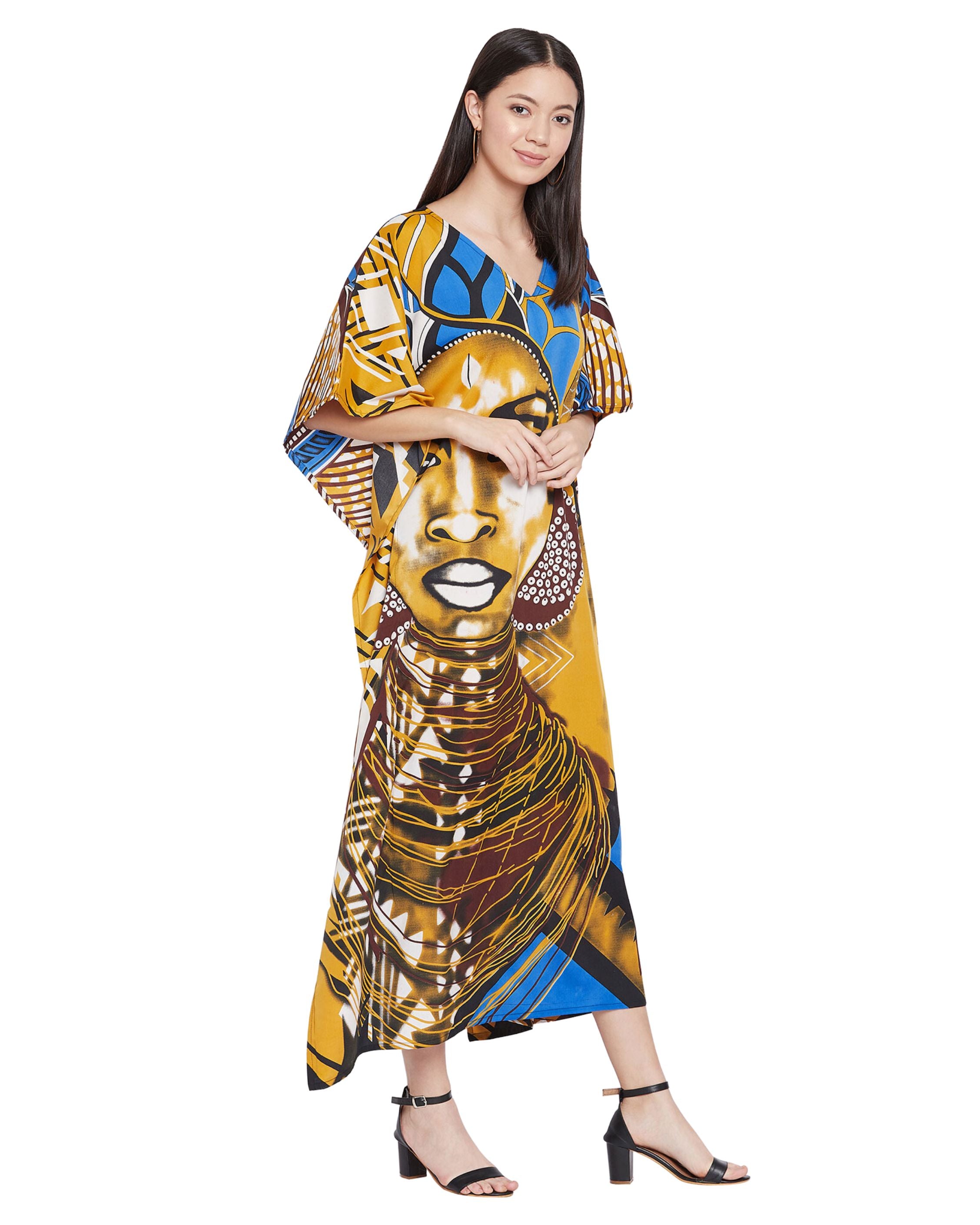Tribal Printed Multicolor Polyester Women Plus Size Caftan