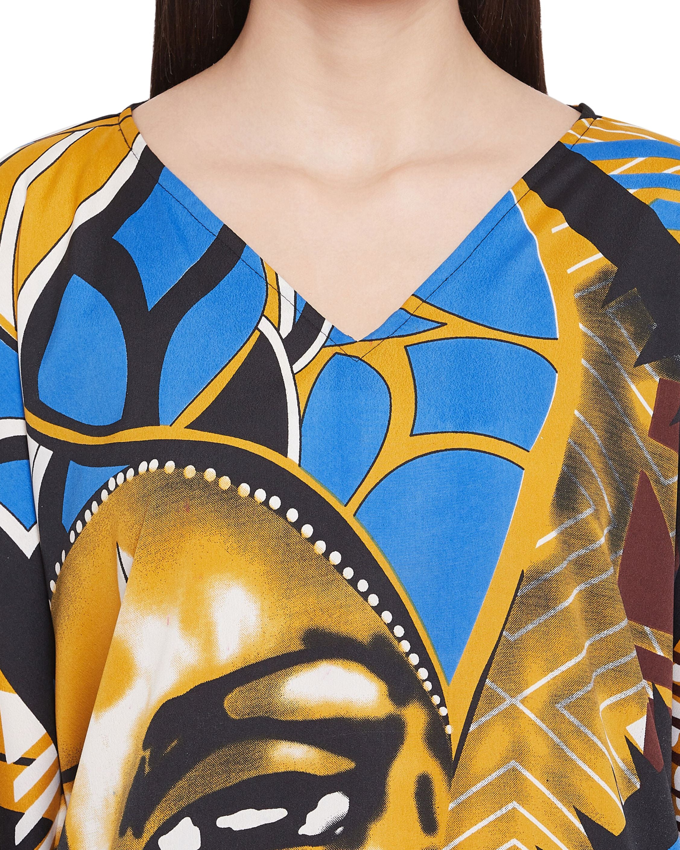 Tribal Printed Multicolor Polyester Women Plus Size Caftan