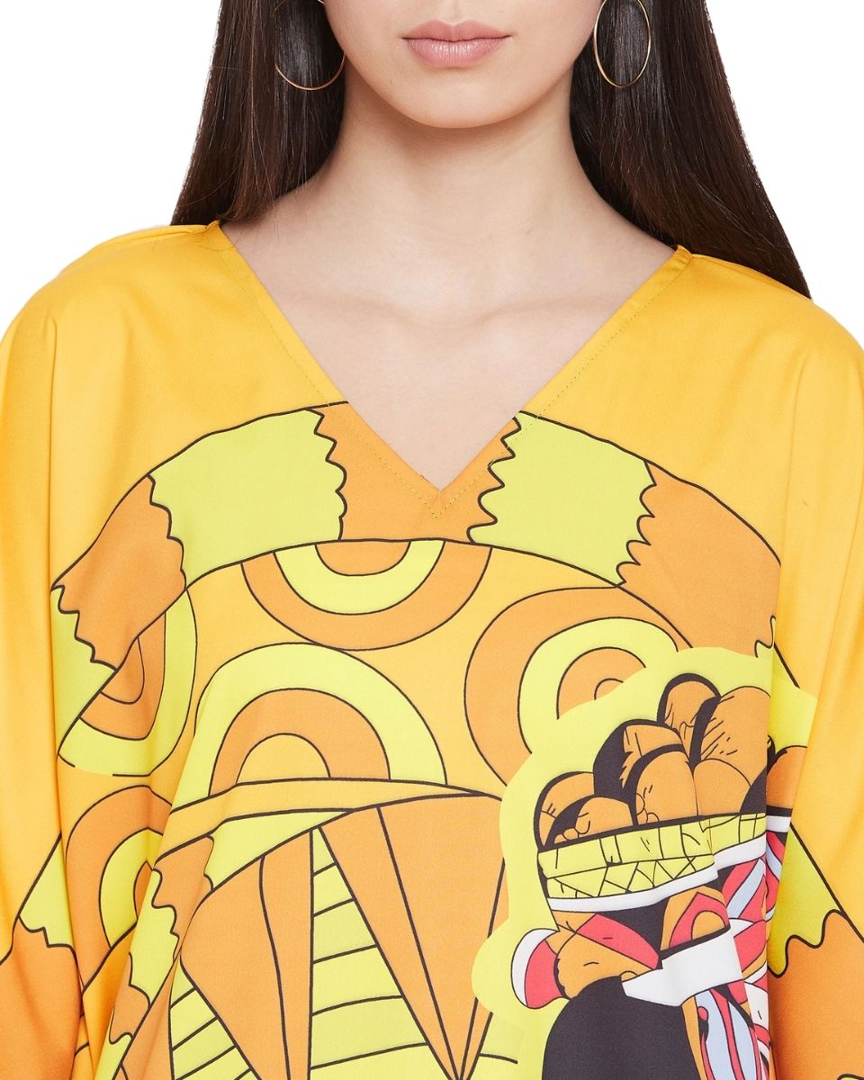 Yellow Multicolor Plus Size Polyester Long Caftan For Women