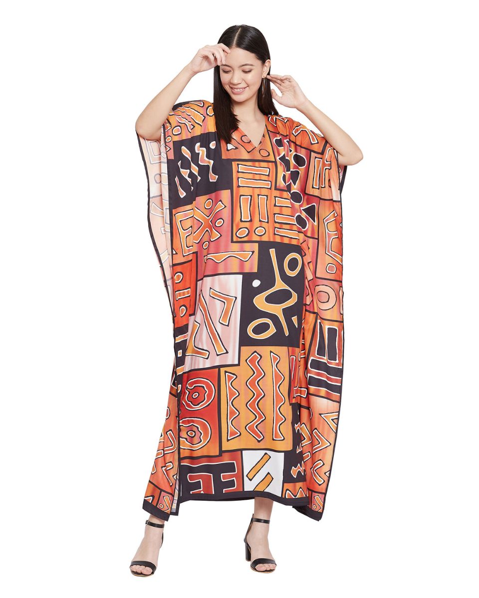 Brown Tribal Print Polyester Plus Size Kaftan For Women
