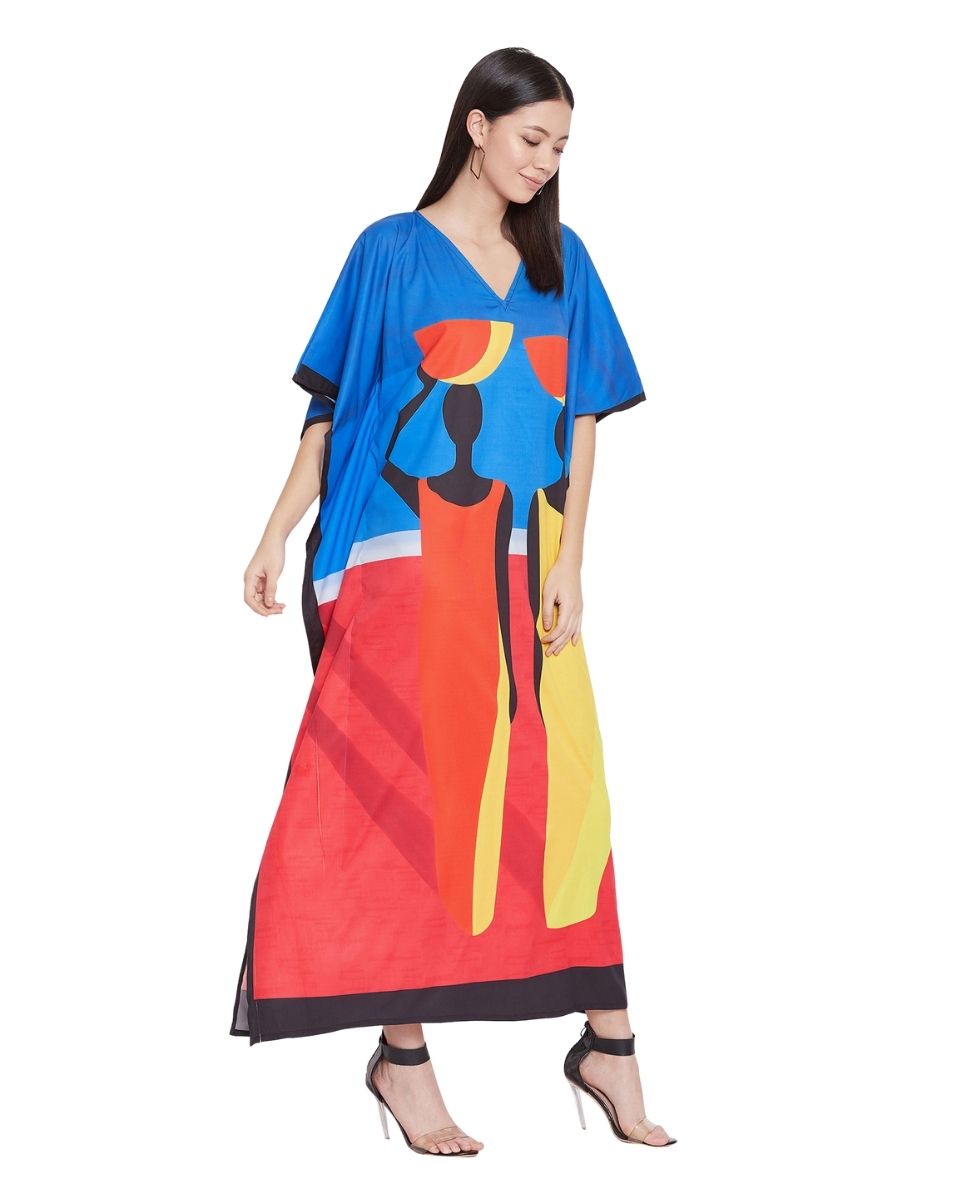 Plus Size Women Tribal Printed Multicolor Polyester Kaftan
