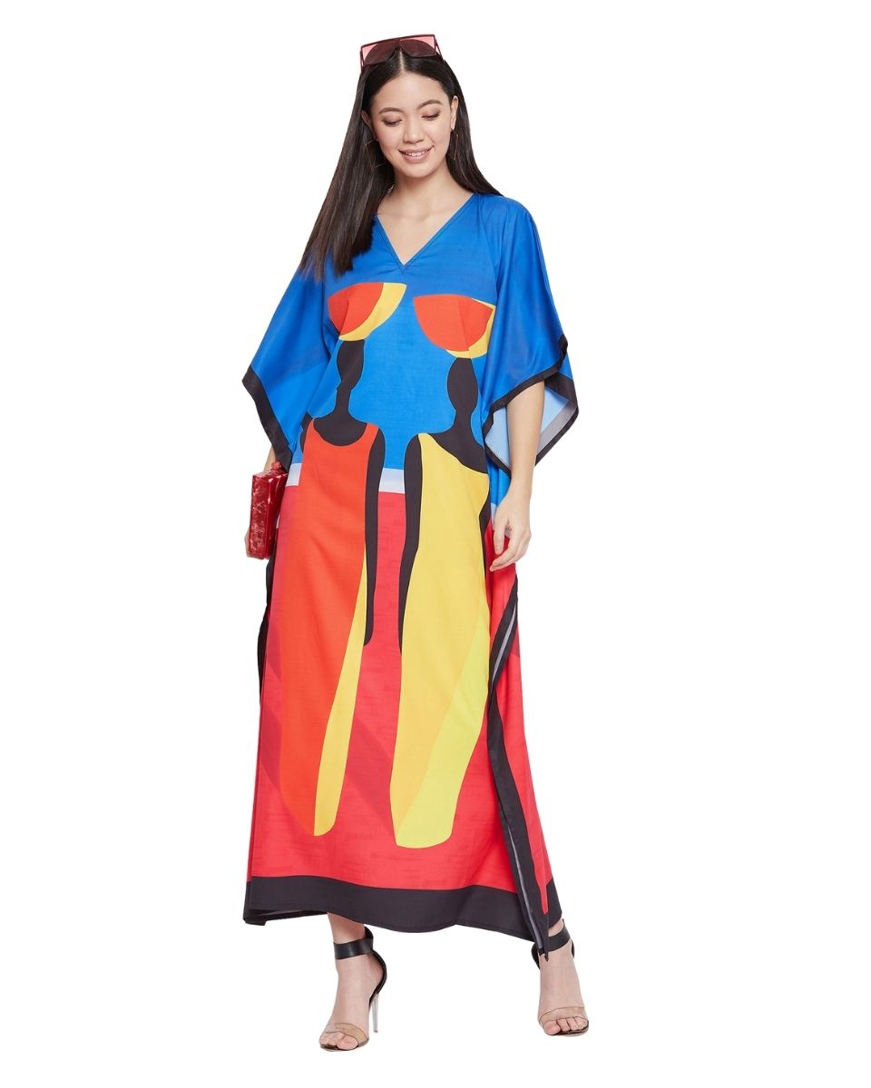 Plus Size Women Tribal Printed Multicolor Polyester Kaftan