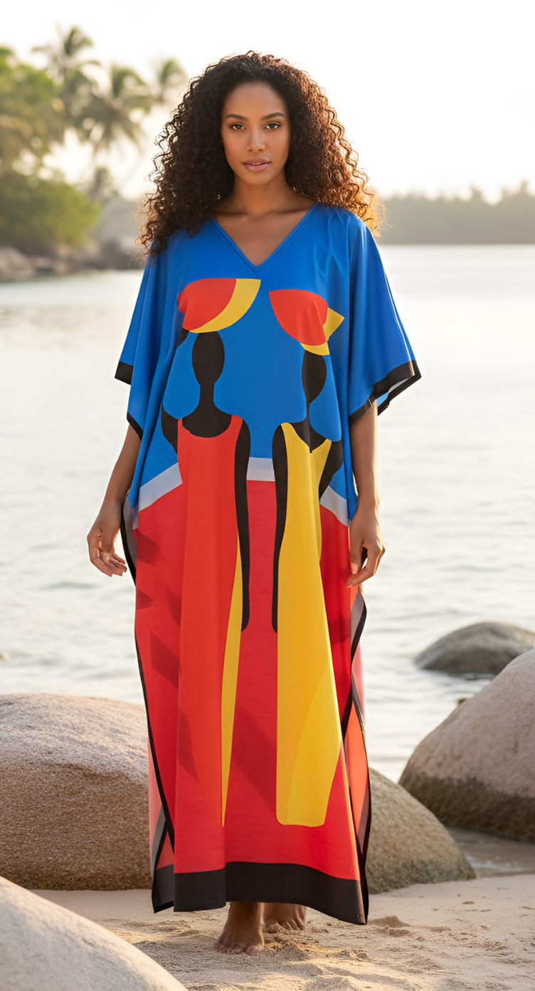 Plus Size Women Tribal Printed Multicolor Polyester Kaftan