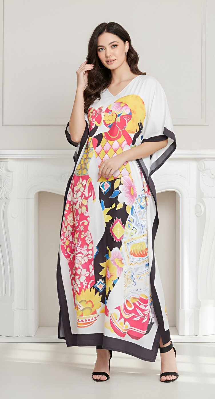 Plus Size Women Tribal Printed Multicolor Polyester Kaftan