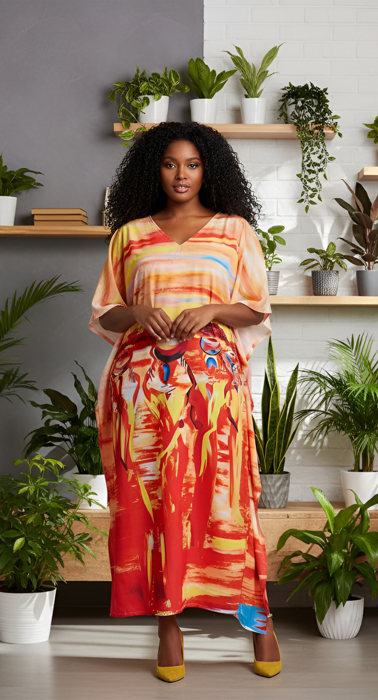Kaftan Dress For Plus Size Women Tribal Printed Multicolor Polyester