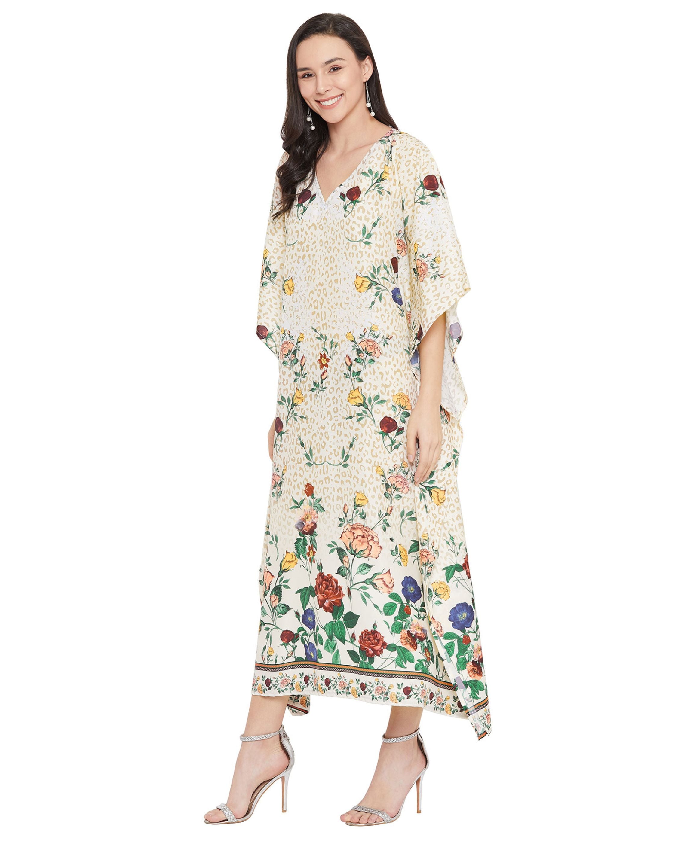 Floral Printed Golden Polyester Kaftan Plus Size Dress For Women