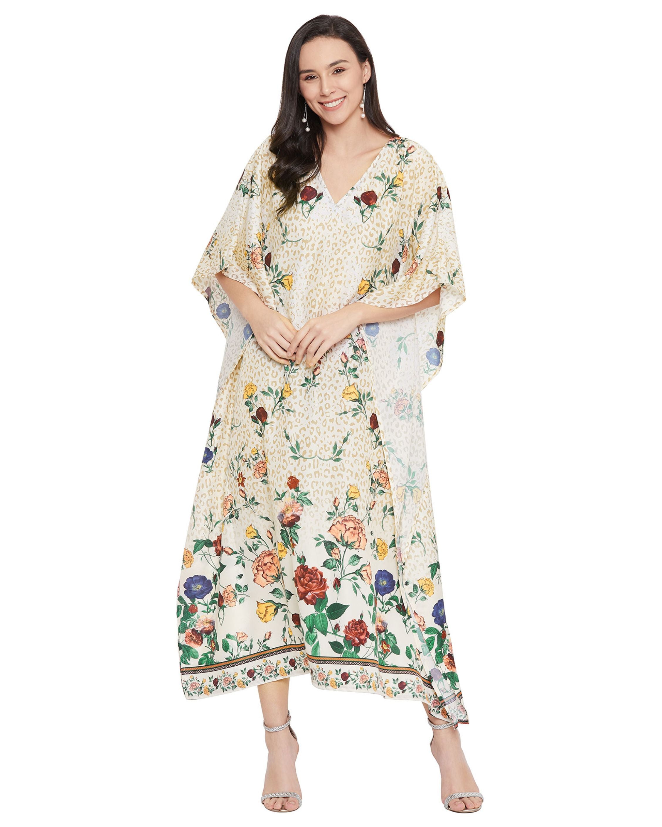 Floral Printed Golden Polyester Kaftan Plus Size Dress For Women