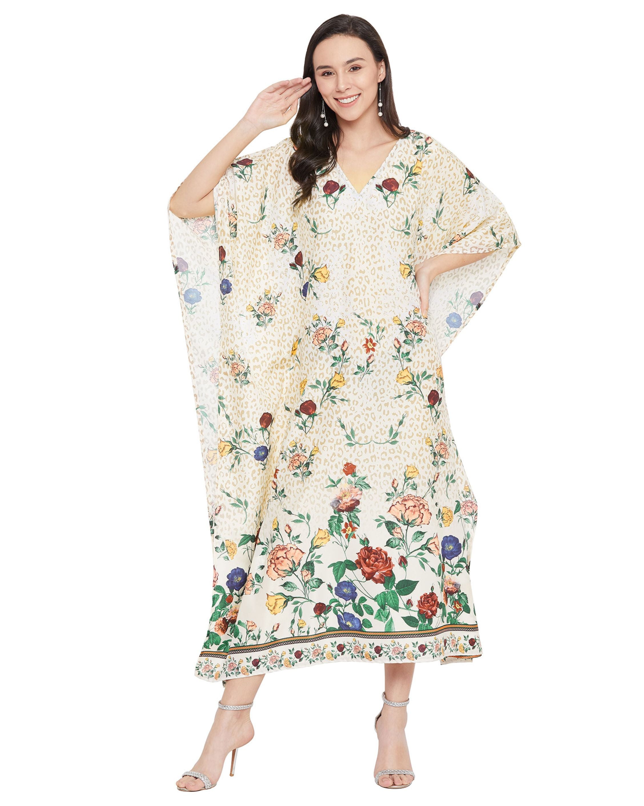 Floral Printed Golden Polyester Kaftan Plus Size Dress For Women