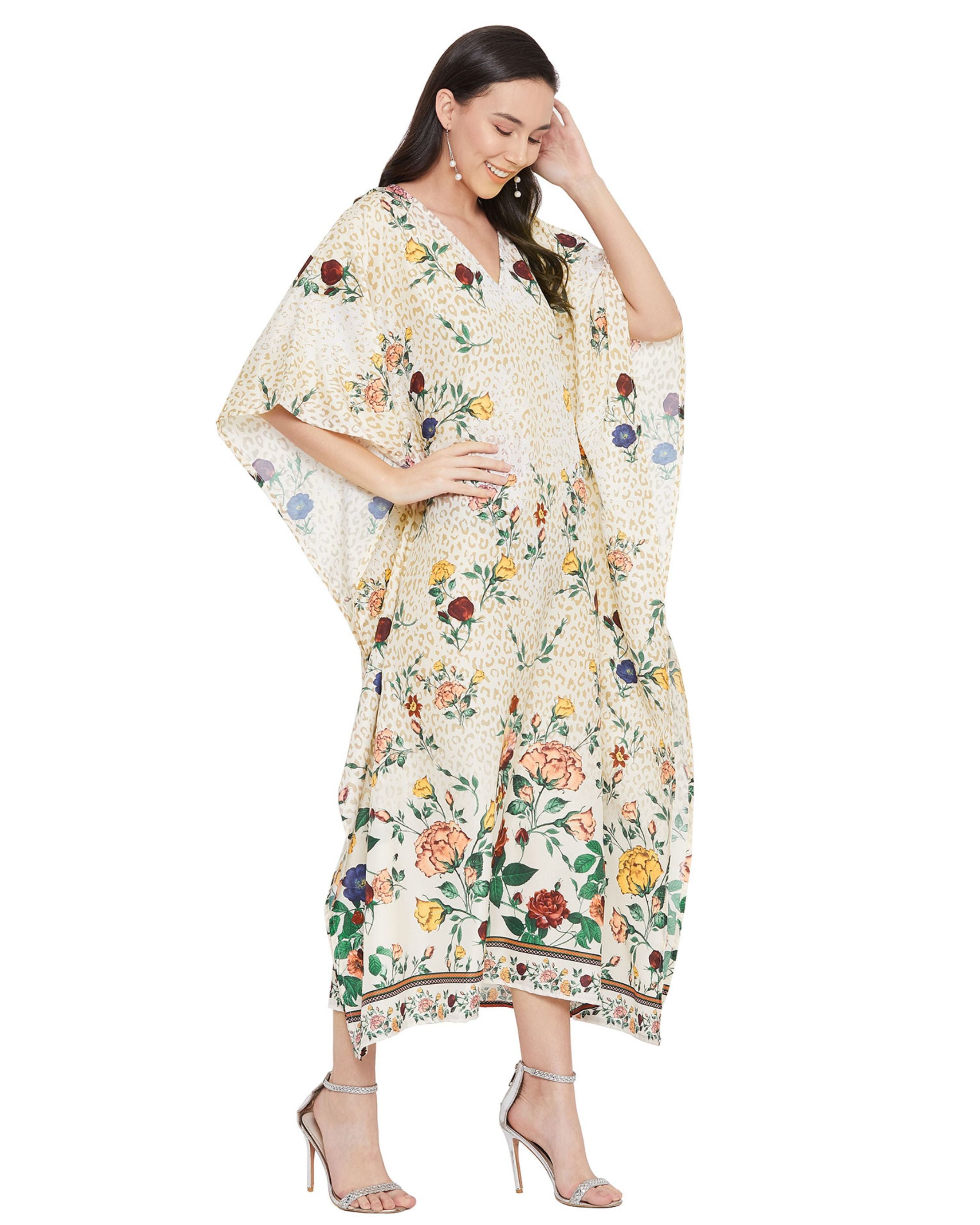 Floral Printed Golden Polyester Kaftan Plus Size Dress For Women