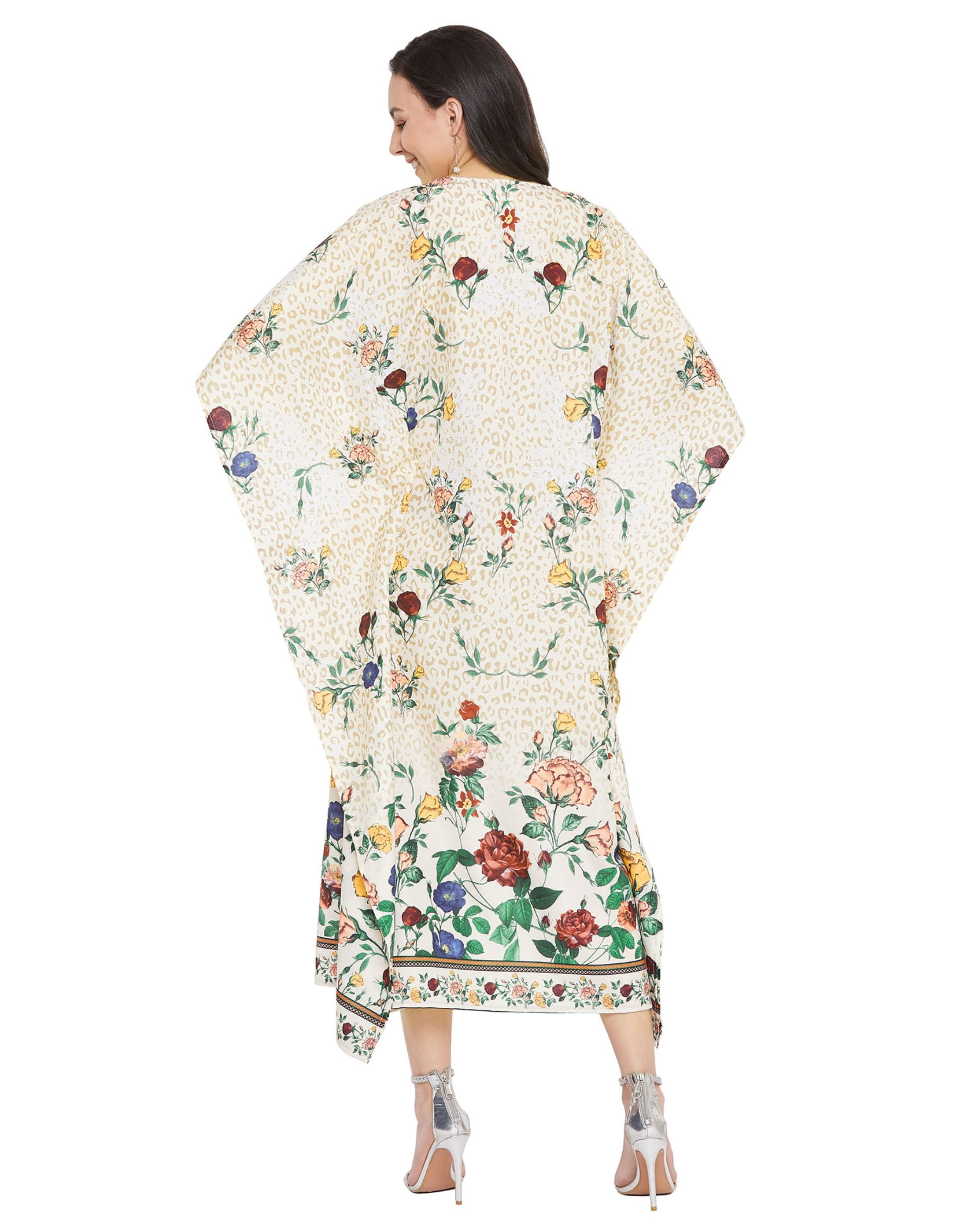Floral Printed Golden Polyester Kaftan Plus Size Dress For Women
