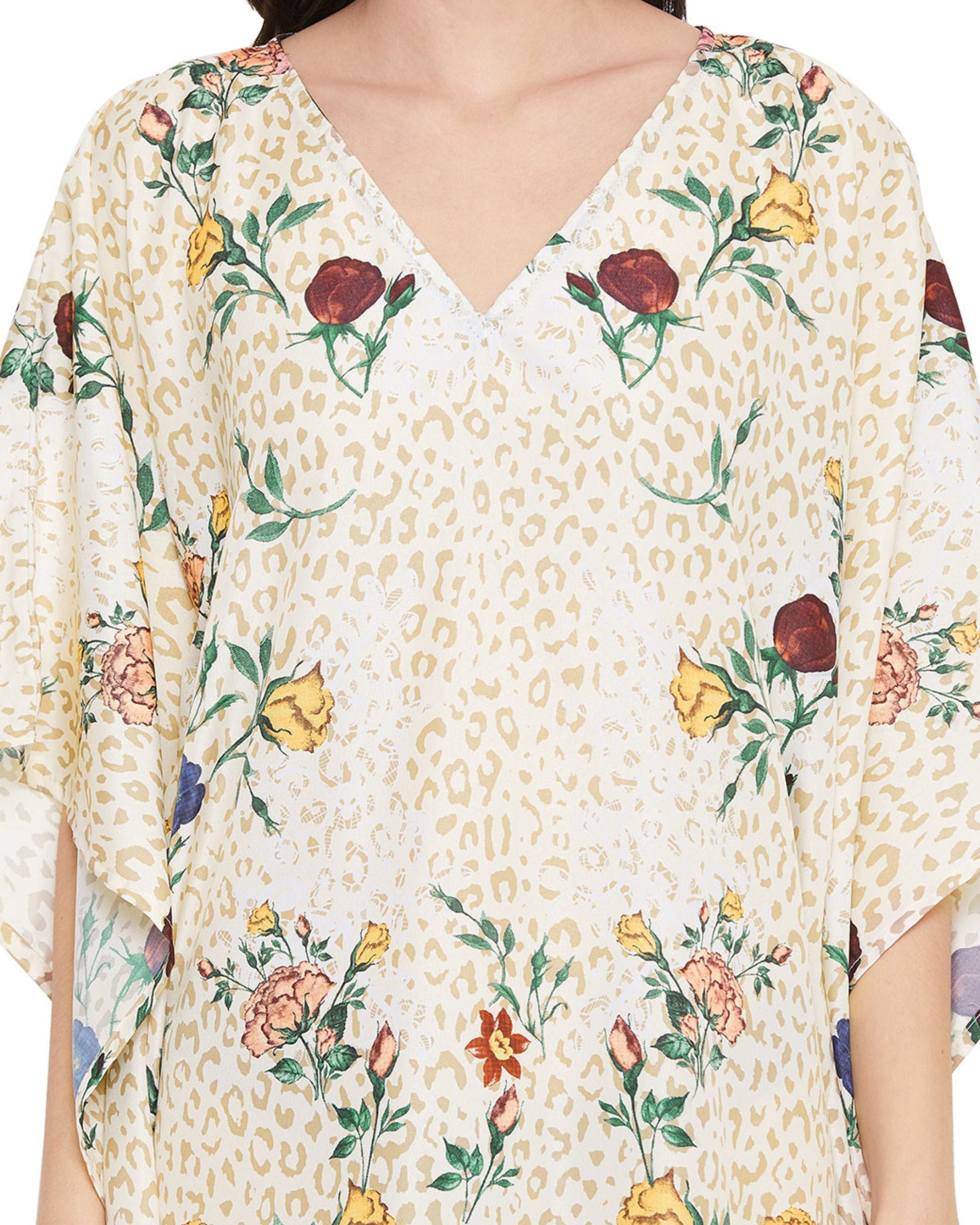 Floral Printed Golden Polyester Kaftan Plus Size Dress For Women