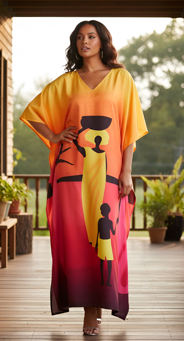 Dress Plus Size Women Tribal Printed Yellow Polyester Kaftan
