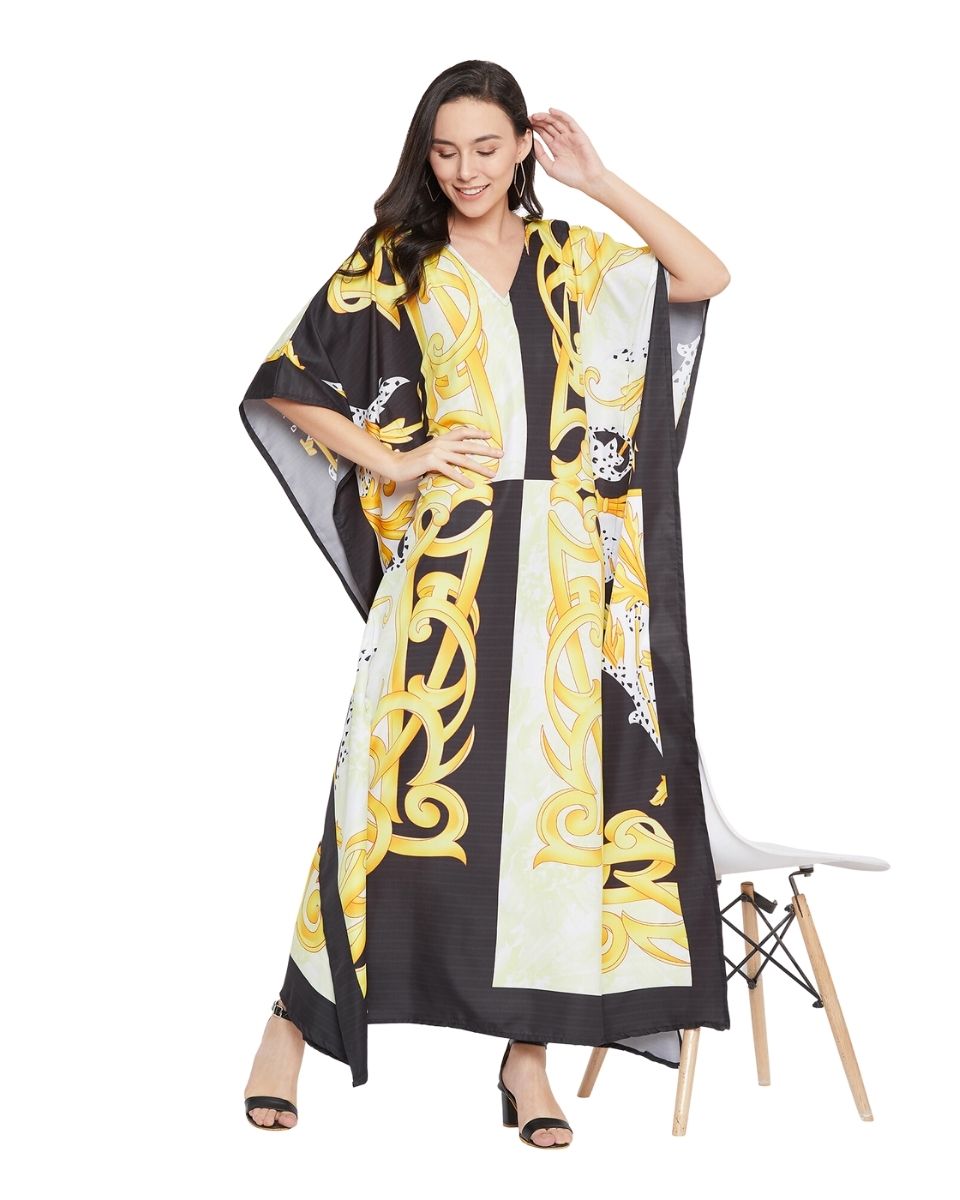 Abstract Yellow Polyester Plus Size Caftan for Women