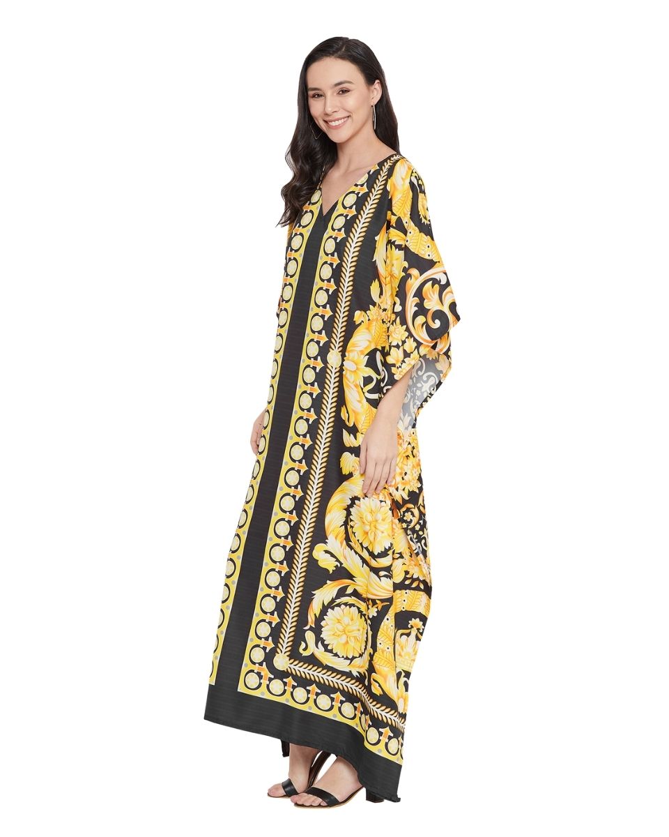 Floral Print Yellow Polyester Plus Size Kaftan For Women