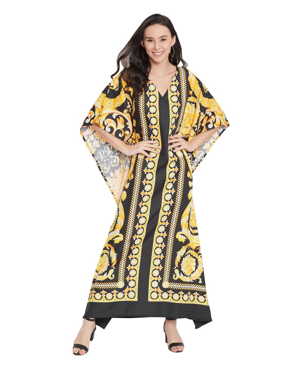 Floral Print Yellow Polyester Plus Size Kaftan For Women