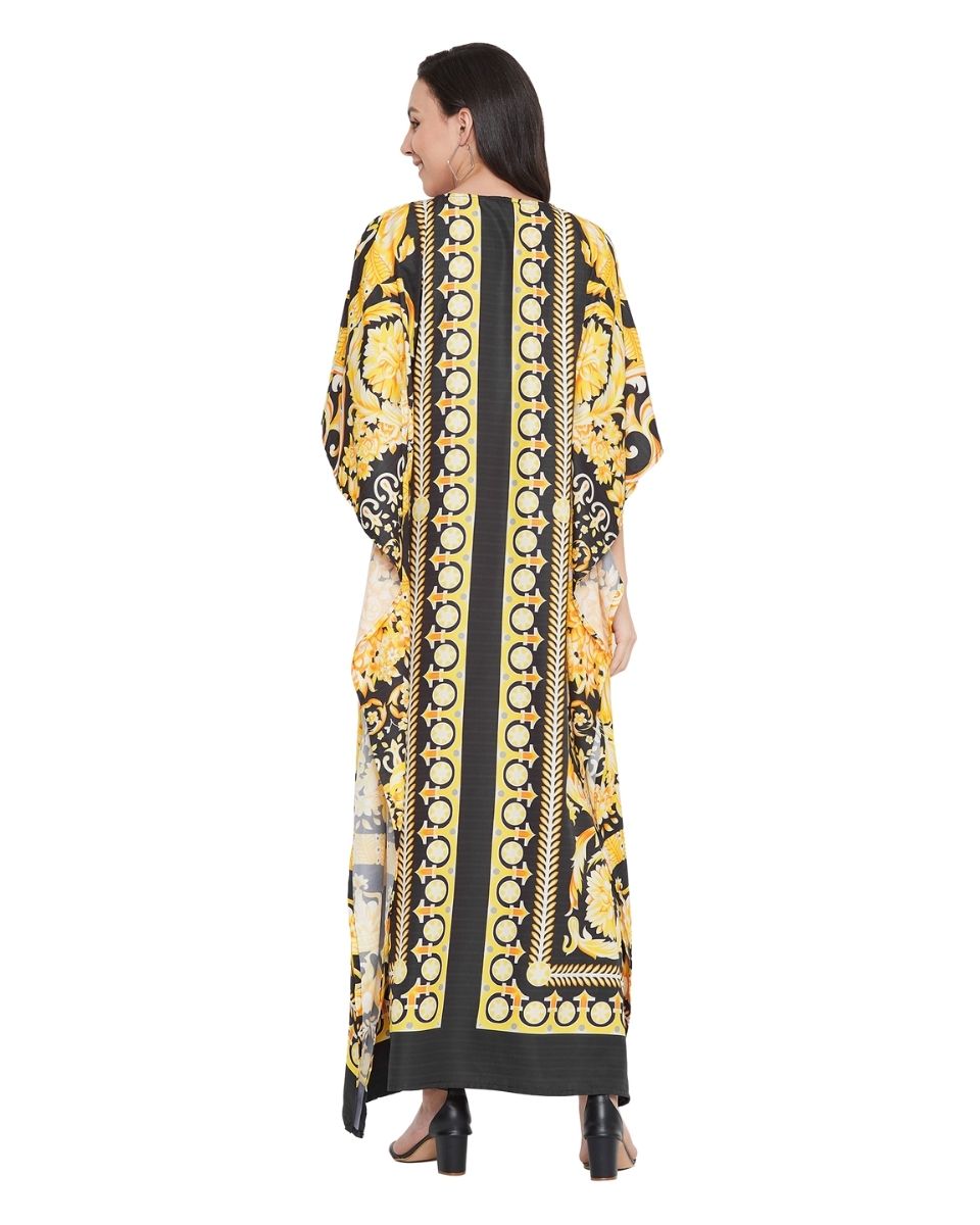 Floral Print Yellow Polyester Plus Size Kaftan For Women