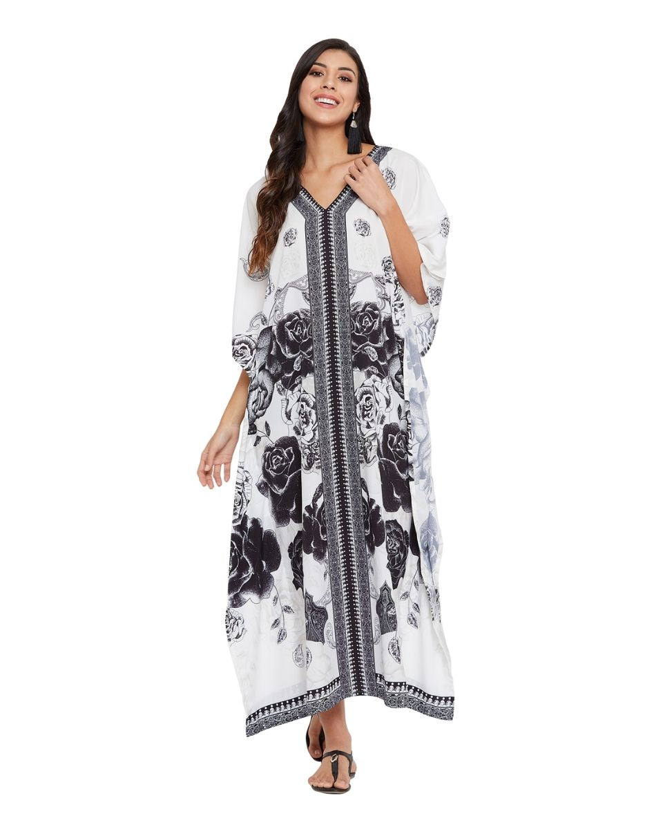 White Floral Polyester Plus Size Kaftan for Women