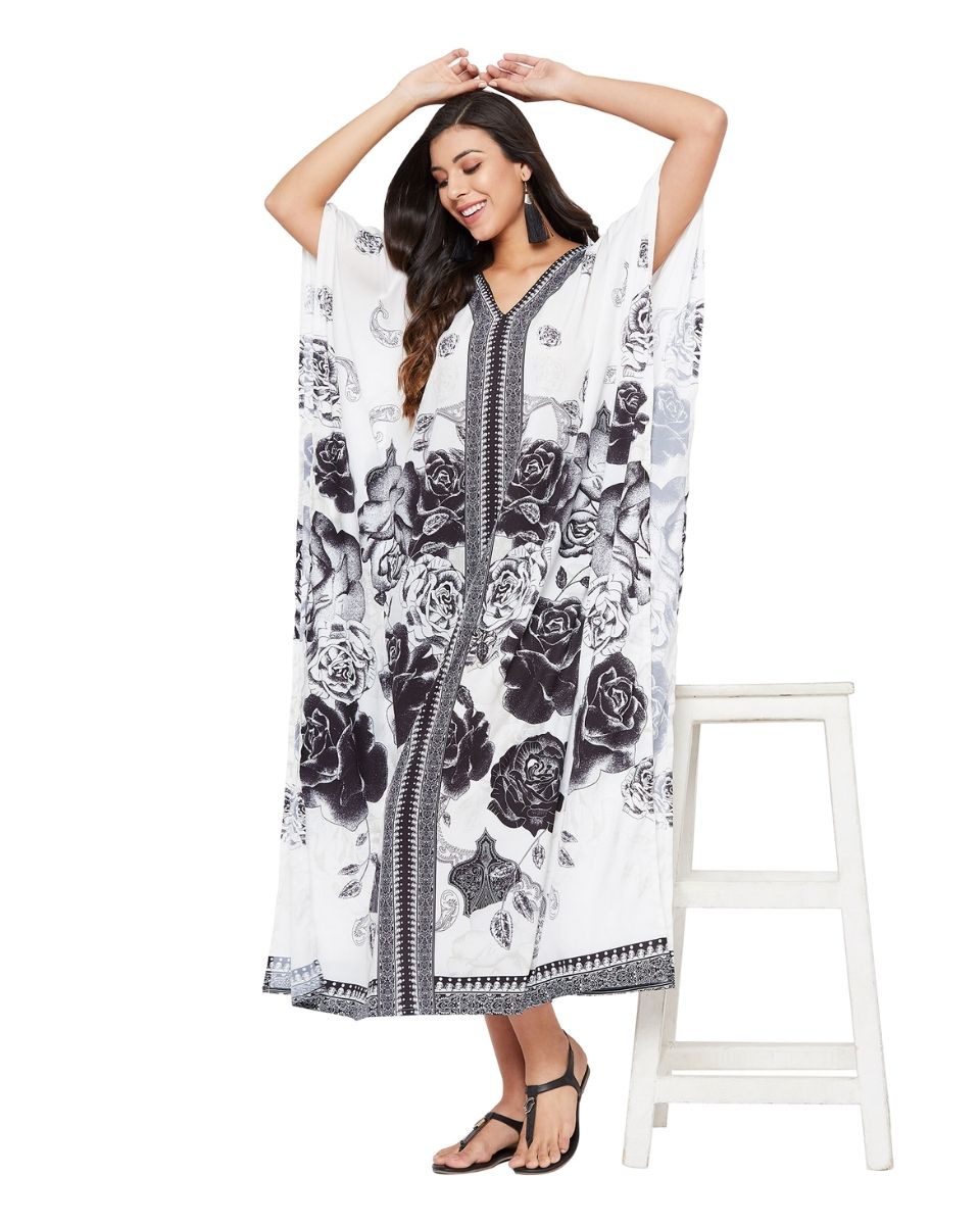 White Floral Polyester Plus Size Kaftan for Women