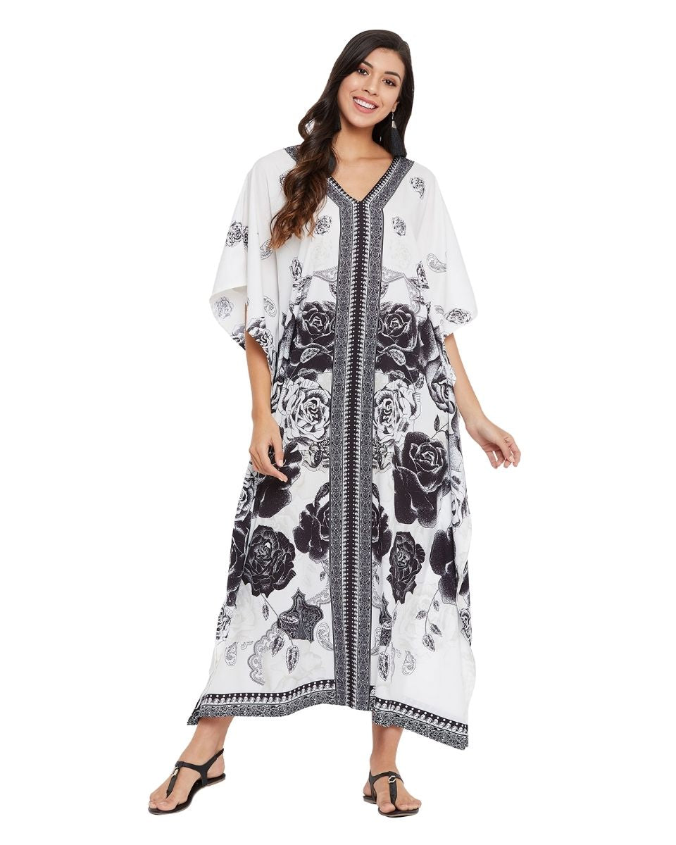 White Floral Polyester Plus Size Kaftan for Women