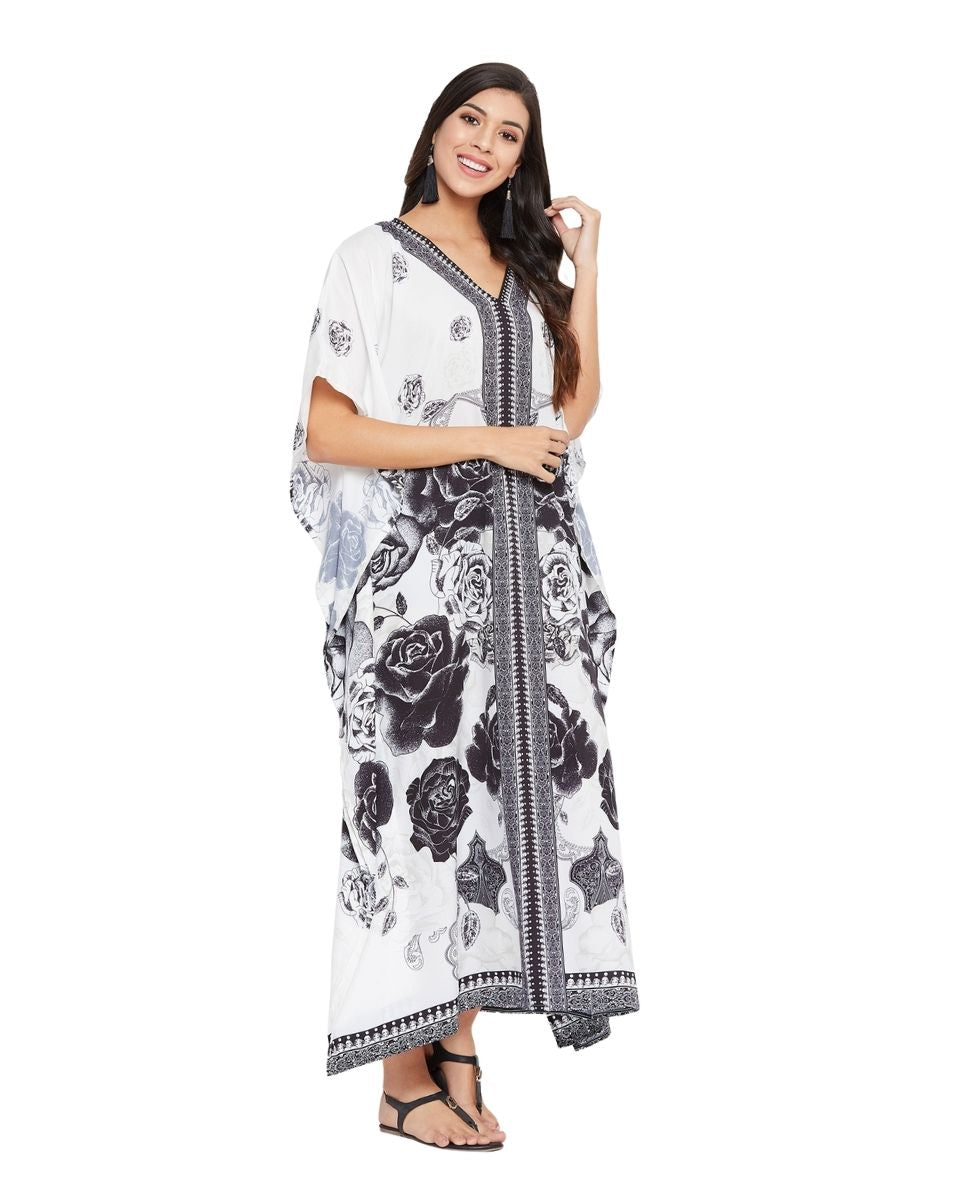 White Floral Polyester Plus Size Kaftan for Women