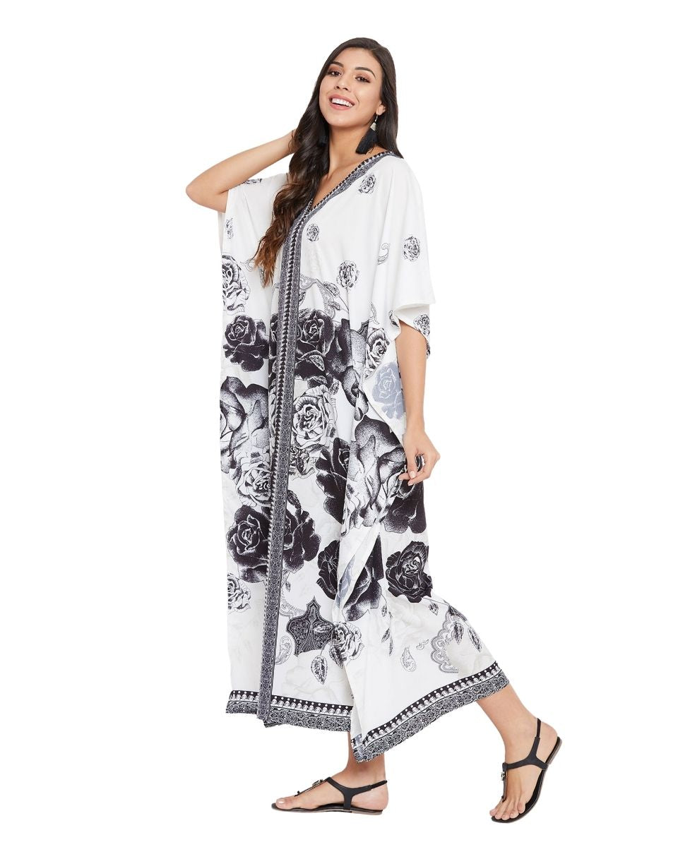 White Floral Polyester Plus Size Kaftan for Women