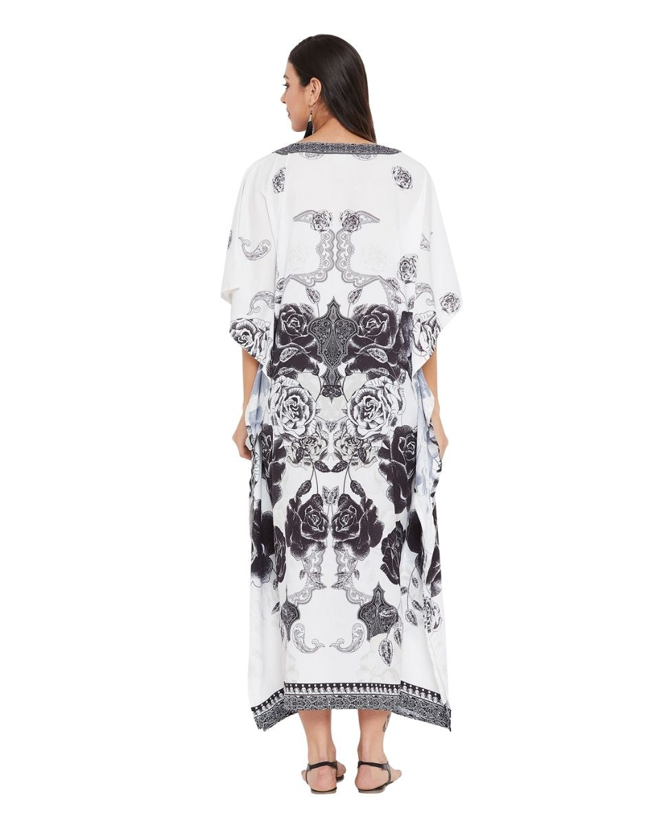 White Floral Polyester Plus Size Kaftan for Women