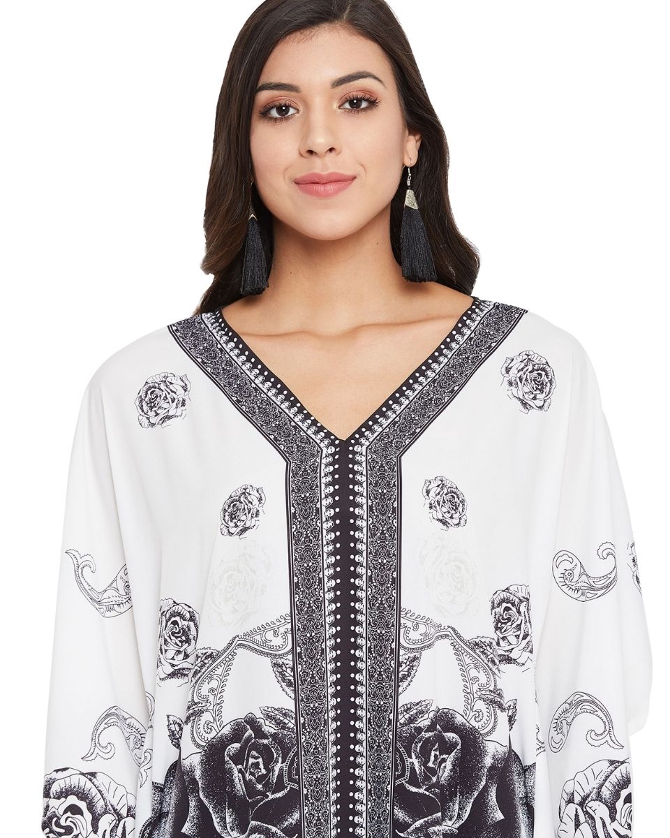 White Floral Polyester Plus Size Kaftan for Women