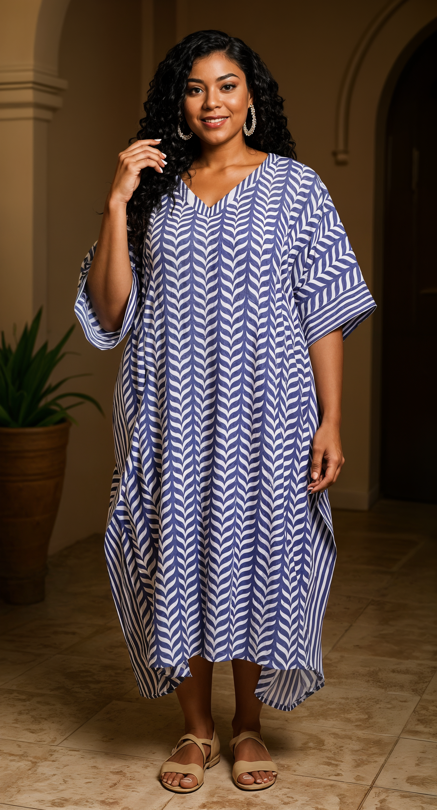 Geometric Printed Blue Polyester Plus Size Kaftan Dress for Women