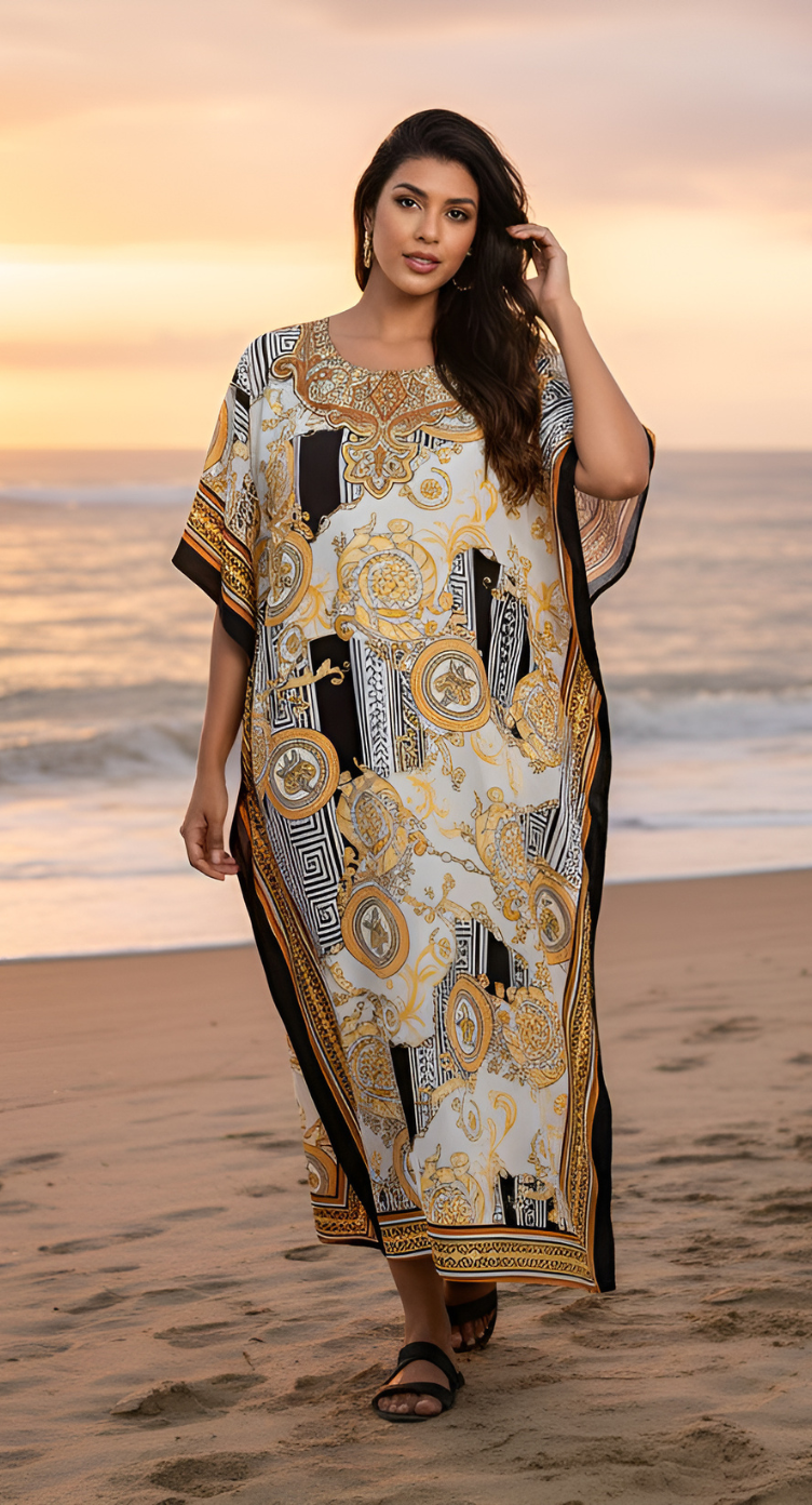 Floral Printed Cream Polyester Kaftan Dress For Plus Size Women