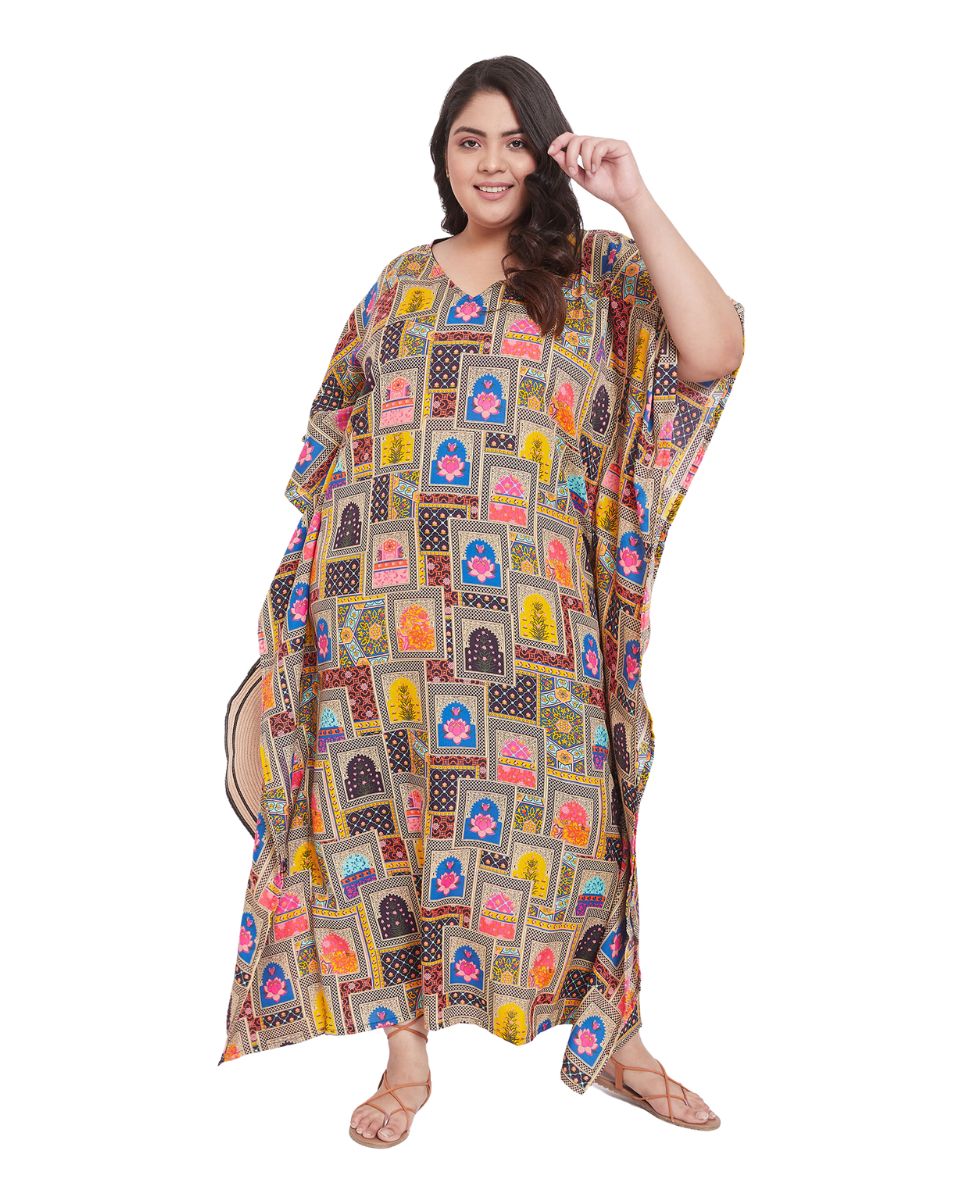 Geometric Print Multicolor Plus Size Polyester Kaftan Dress For Women
