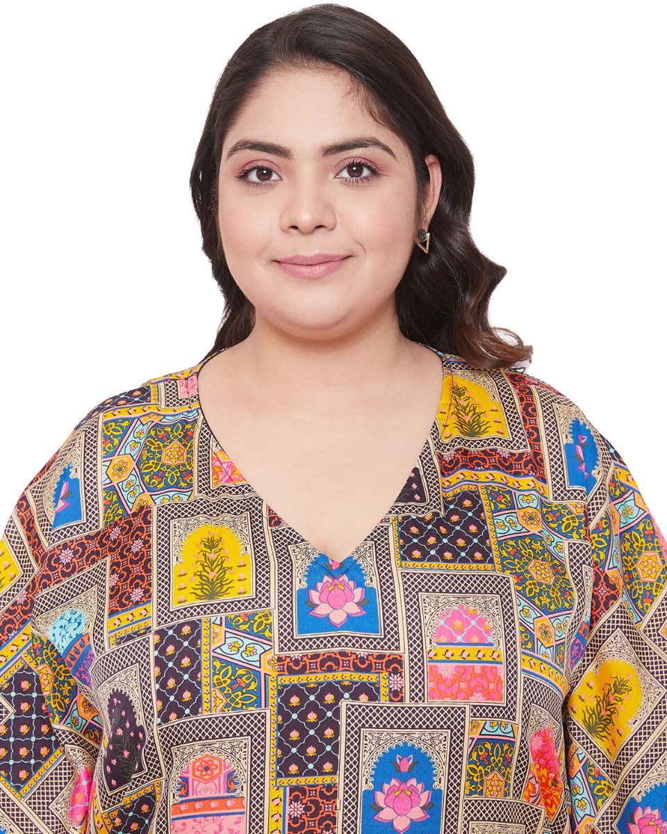 Geometric Print Multicolor Plus Size Polyester Kaftan Dress For Women