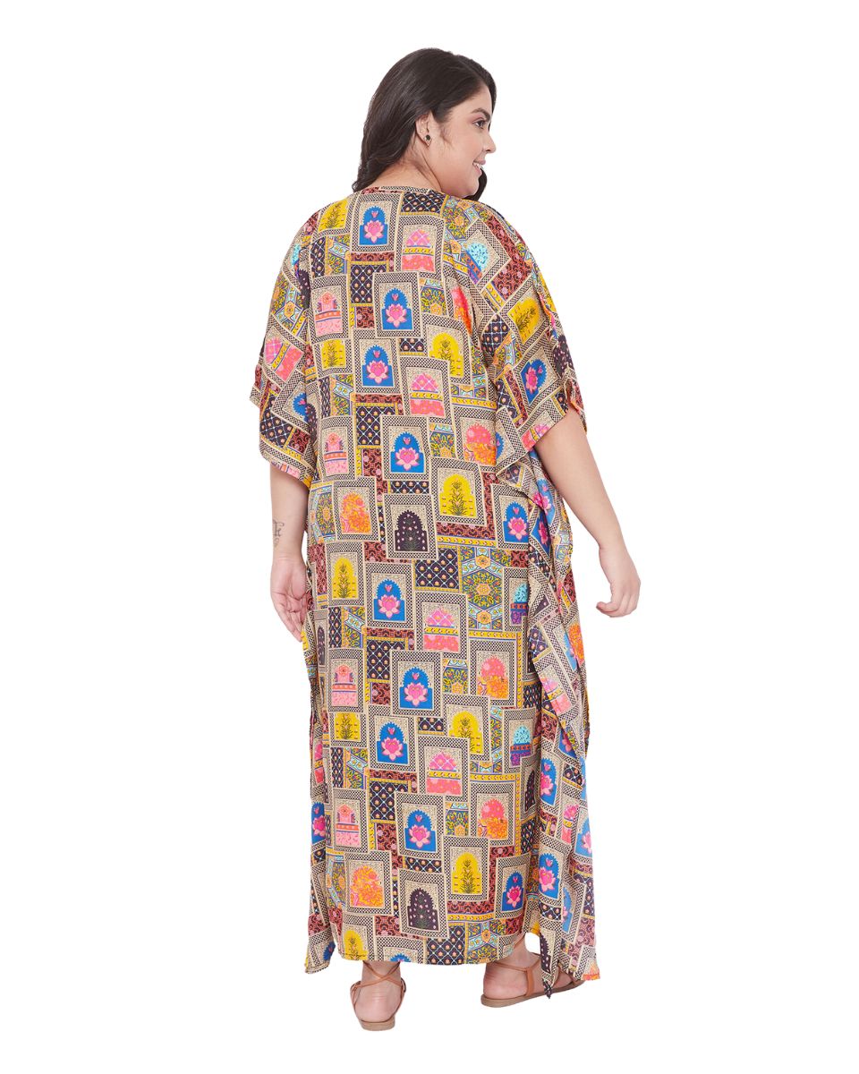 Geometric Print Multicolor Plus Size Polyester Kaftan Dress For Women