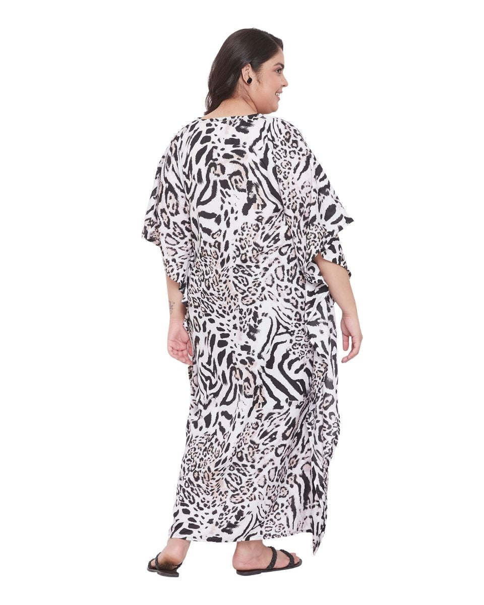 White Leopard Pattern Plus Size Kimono Polyester Kaftan For Women