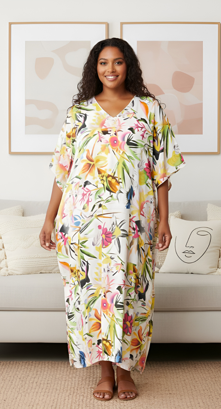 Floral Printed White Polyester Plus Size Kaftan Dress For Women