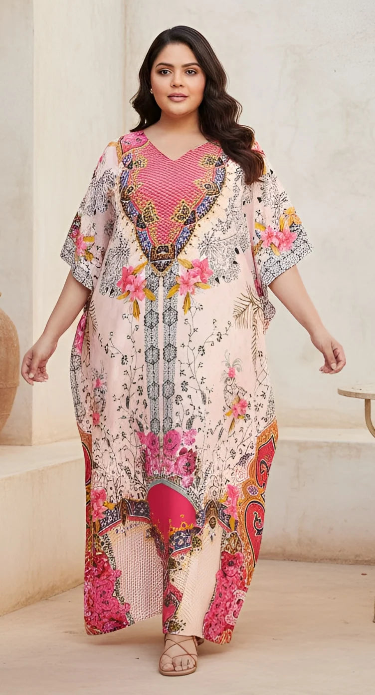 Pink Floral Medallion Polyester Kaftan - piece 1 of 2-piece set